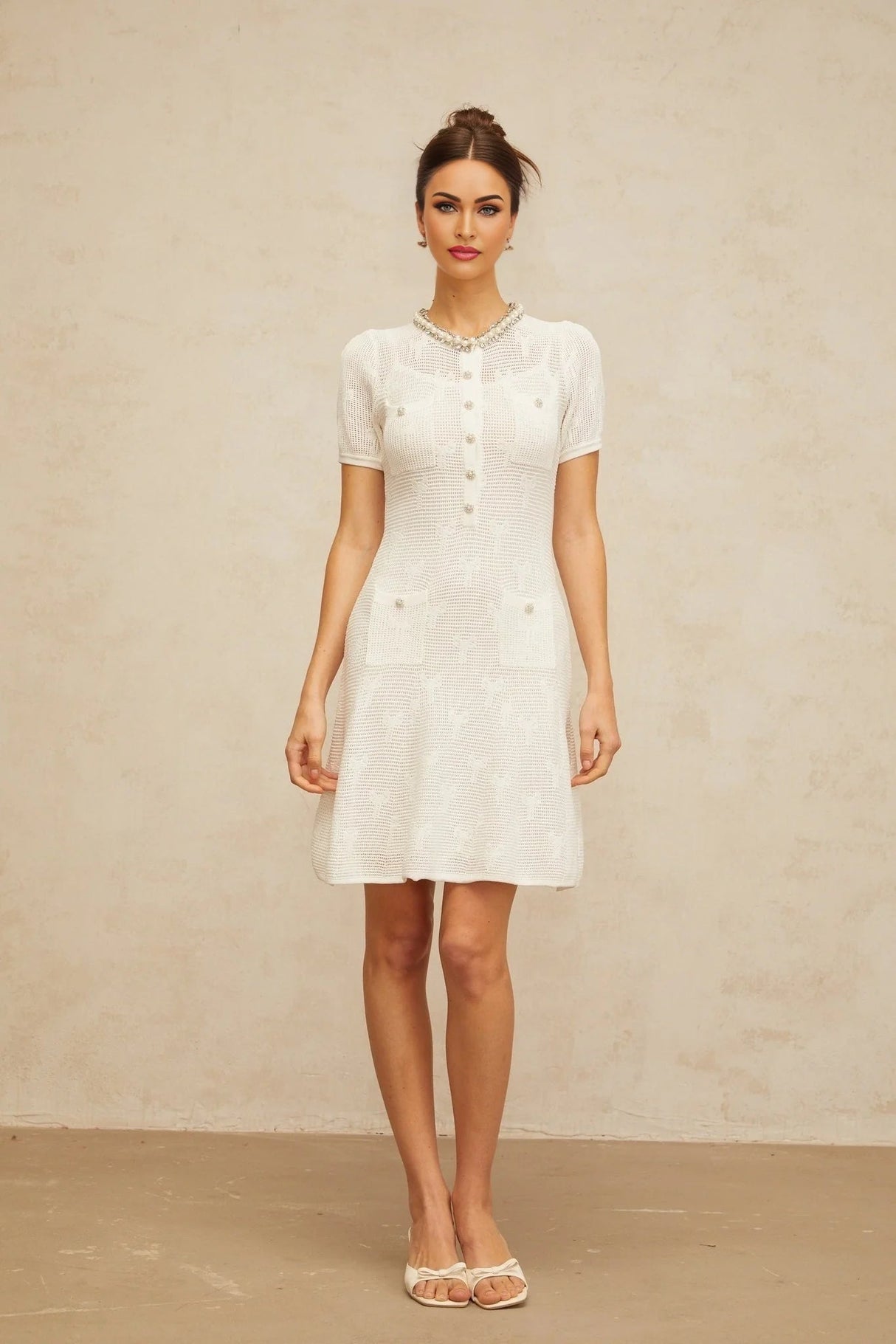 Rebekah Mini Dress White Crochet - Knit Bow Pearl Crystal Flare Hem Patch Pockets