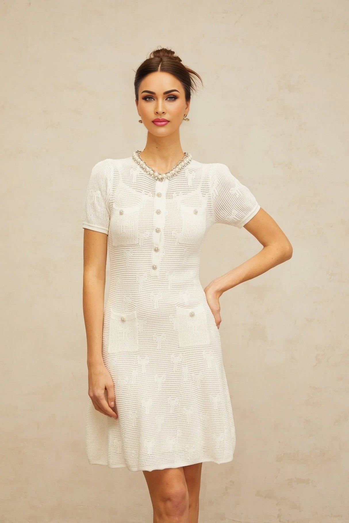 Rebekah Mini Dress White Crochet - Knit Bow Pearl Crystal Flare Hem Patch Pockets