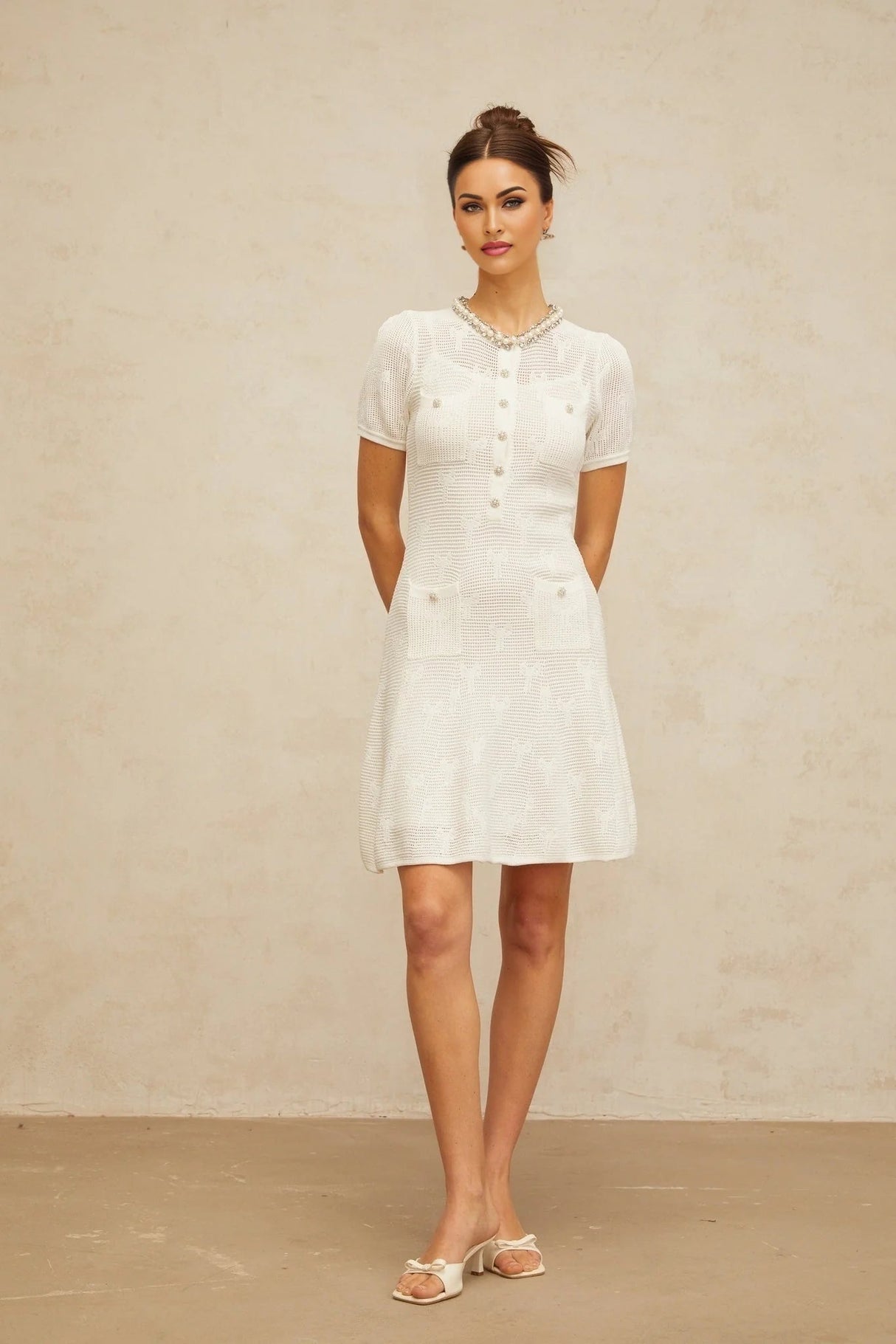 Rebekah Mini Dress White Crochet - Knit Bow Pearl Crystal Flare Hem Patch Pockets
