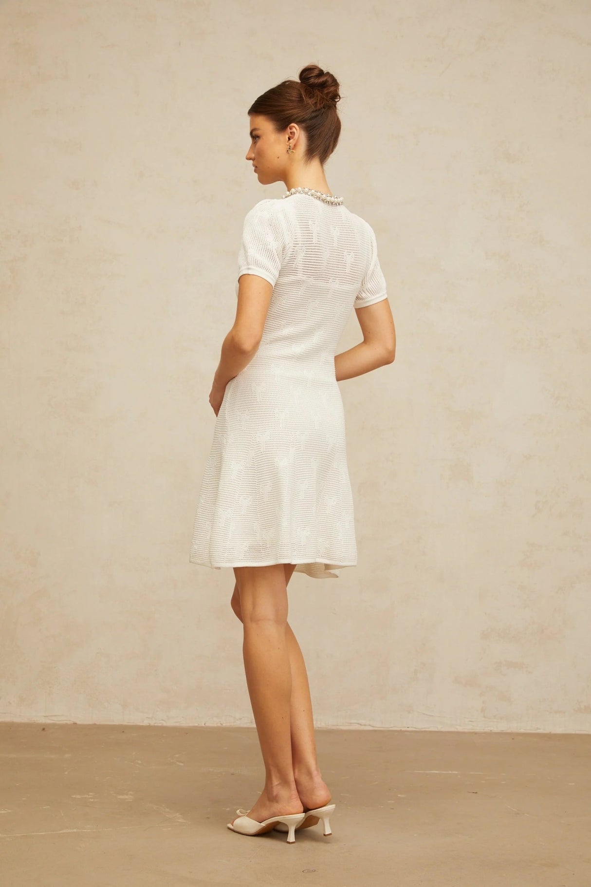 Rebekah Mini Dress White Crochet - Knit Bow Pearl Crystal Flare Hem Patch Pockets