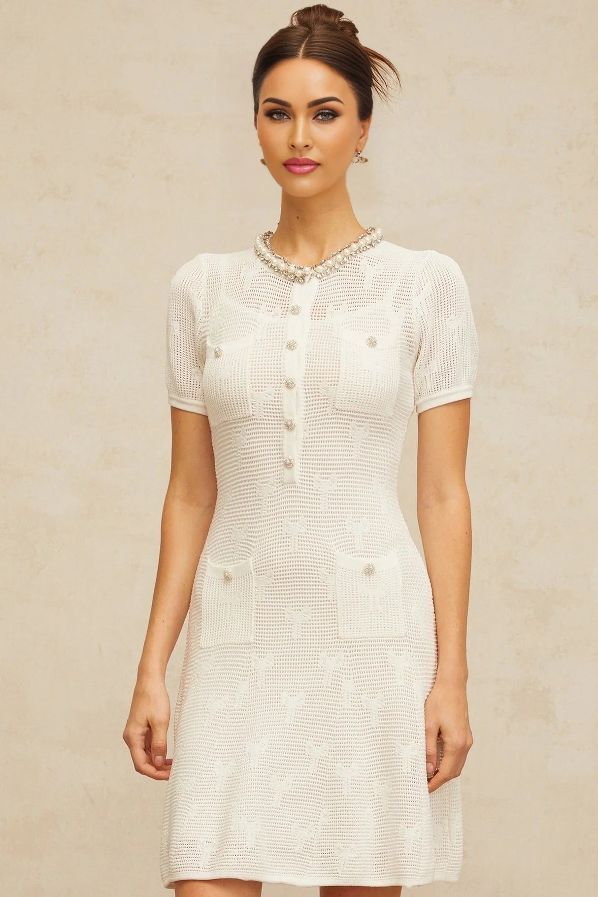 Rebekah Mini Dress White Crochet - Knit Bow Pearl Crystal Flare Hem Patch Pockets