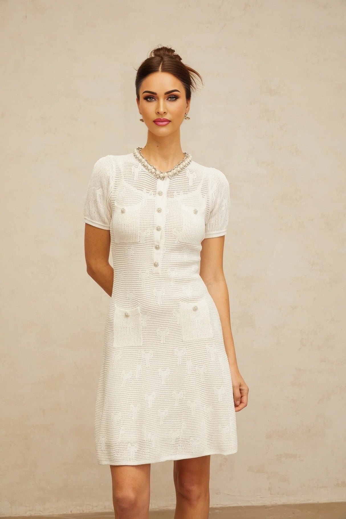 Rebekah Mini Dress White Crochet - Knit Bow Pearl Crystal Flare Hem Patch Pockets