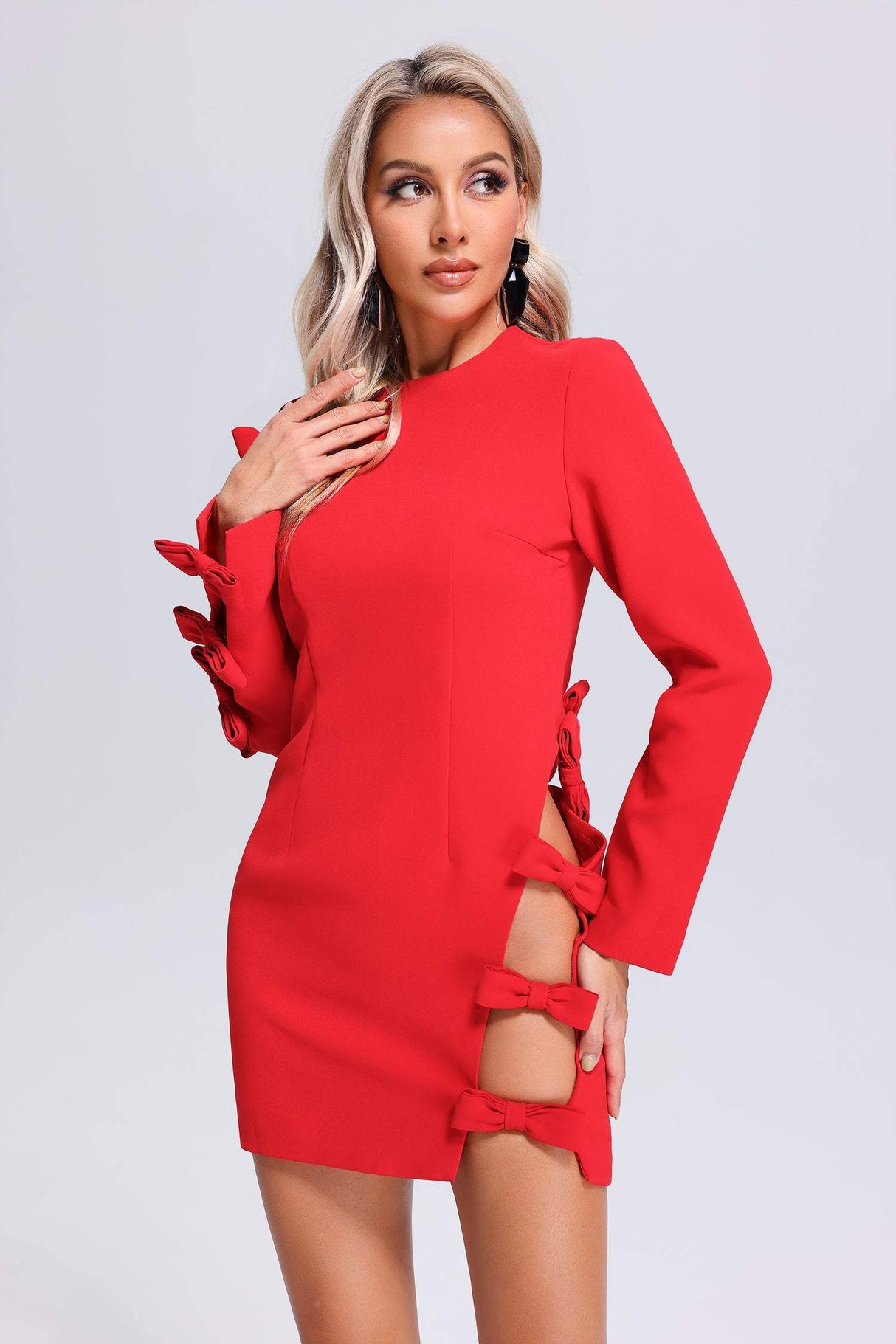 Red Josie Bowknots Mini Dress with Sleeve Bowknot Detailing