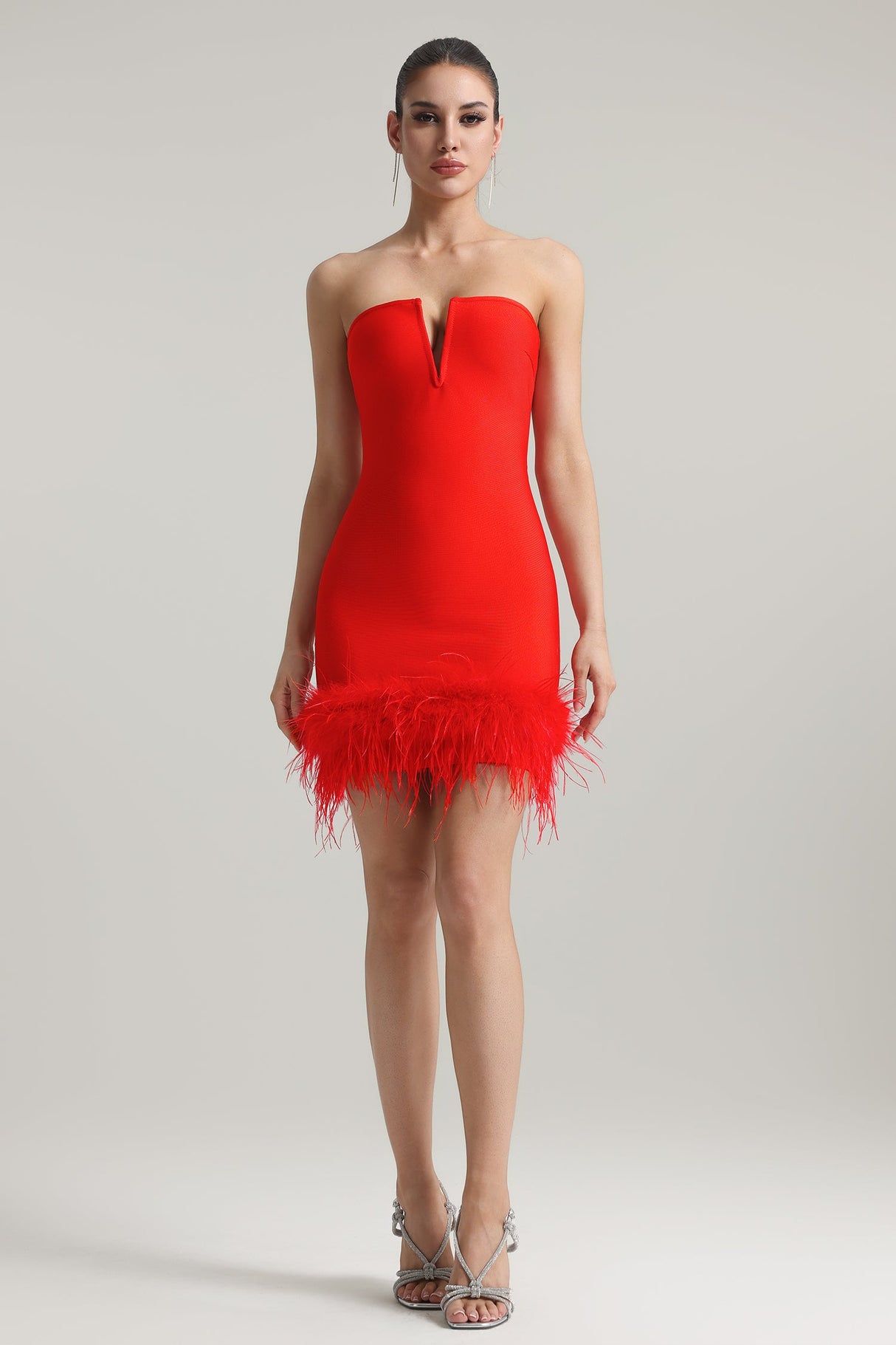 Red Moss Strapless Feather Bandage Mini Dress