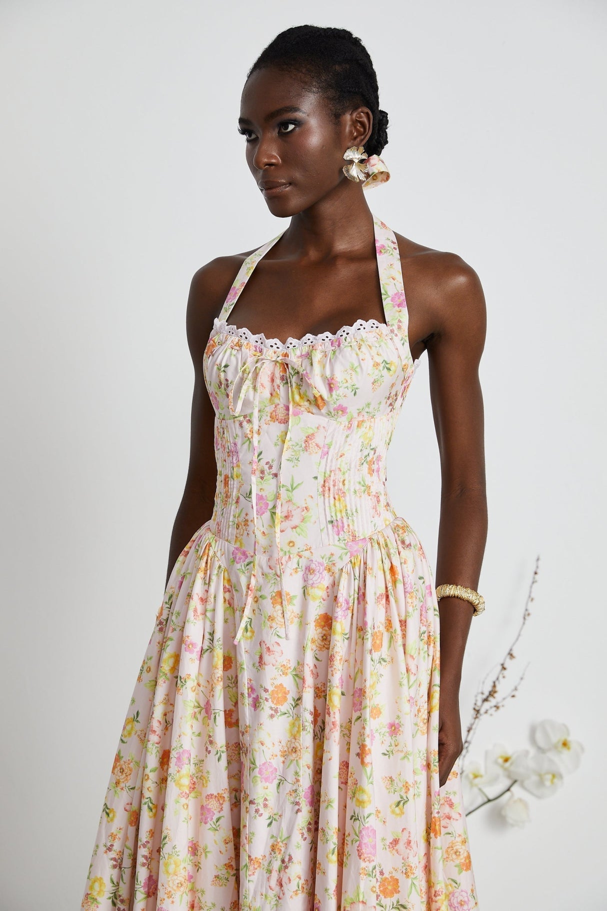 Remi Floral Midi Dress Pink Halterneck with Pleated Bustier & Corset Style