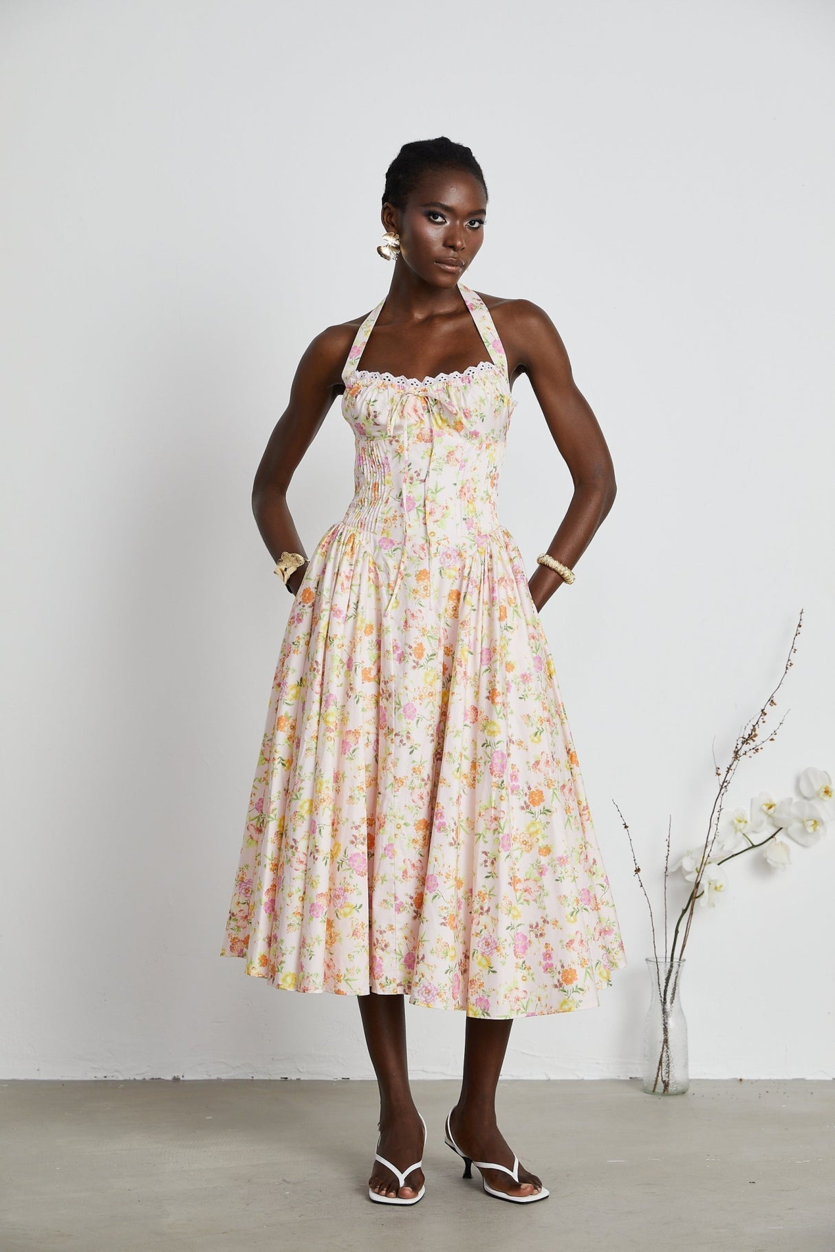 Remi Floral Midi Dress Pink Halterneck with Pleated Bustier & Corset Style