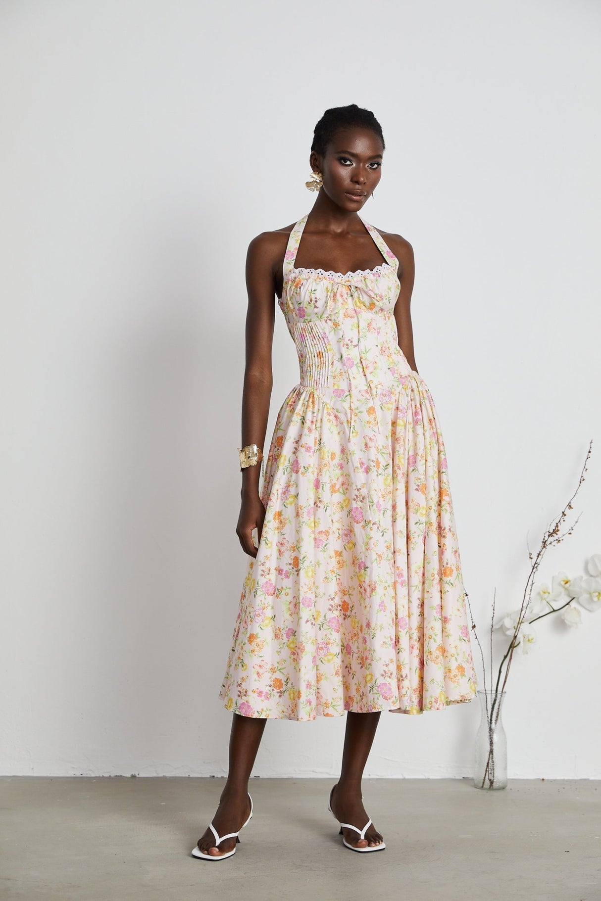 Remi Floral Midi Dress Pink Halterneck with Pleated Bustier & Corset Style