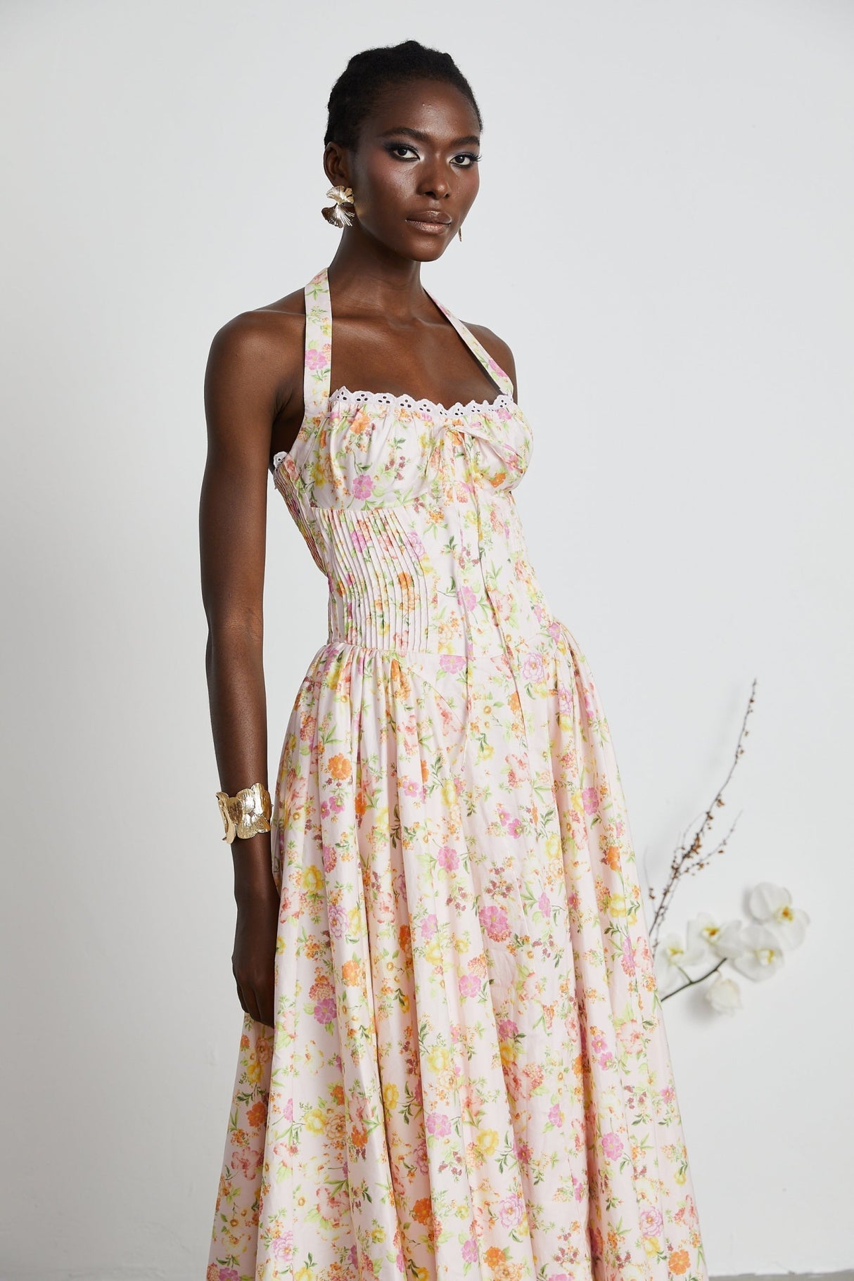 Remi Floral Midi Dress Pink Halterneck with Pleated Bustier & Corset Style