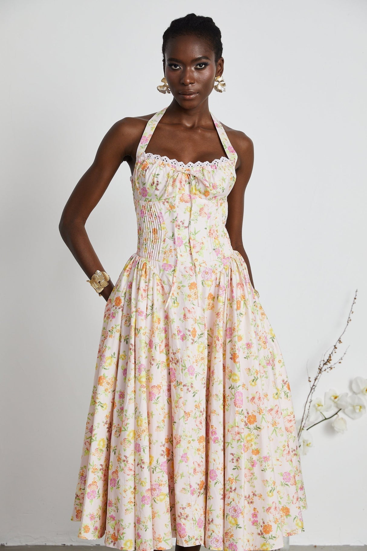 Remi Floral Midi Dress Pink Halterneck with Pleated Bustier & Corset Style