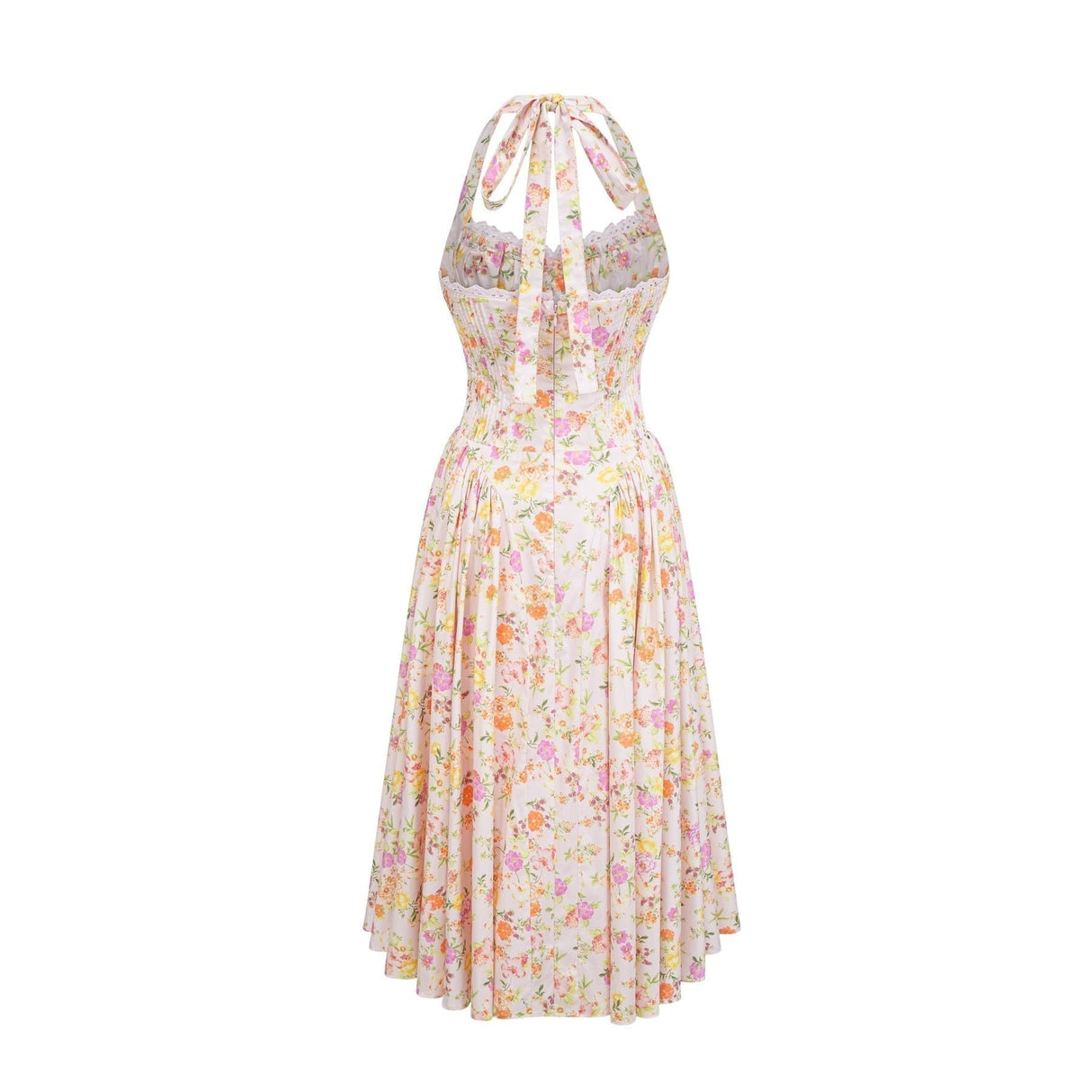 Remi Floral Midi Dress Pink Halterneck with Pleated Bustier & Corset Style