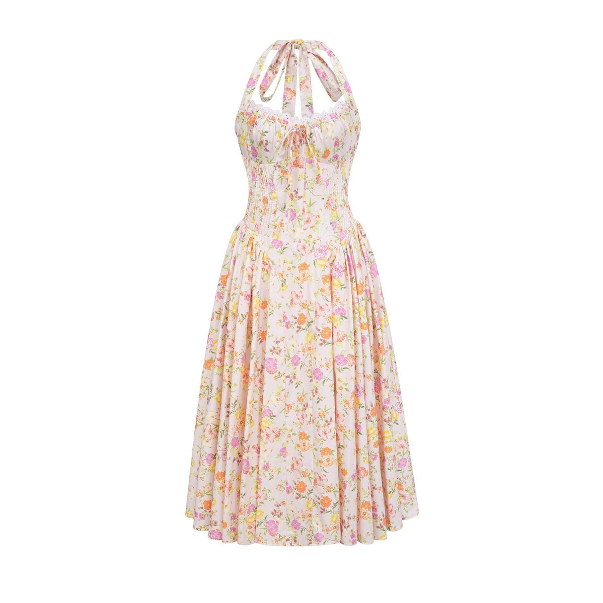 Remi Floral Midi Dress Pink Halterneck with Pleated Bustier & Corset Style