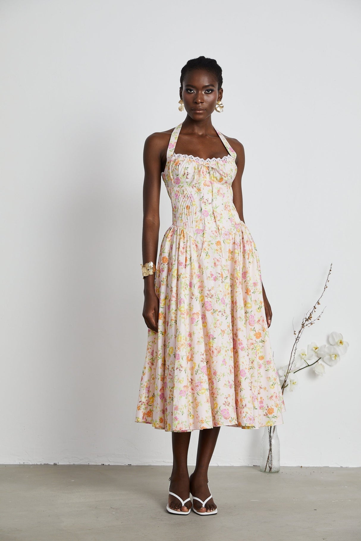 Remi Floral Midi Dress Pink Halterneck with Pleated Bustier & Corset Style