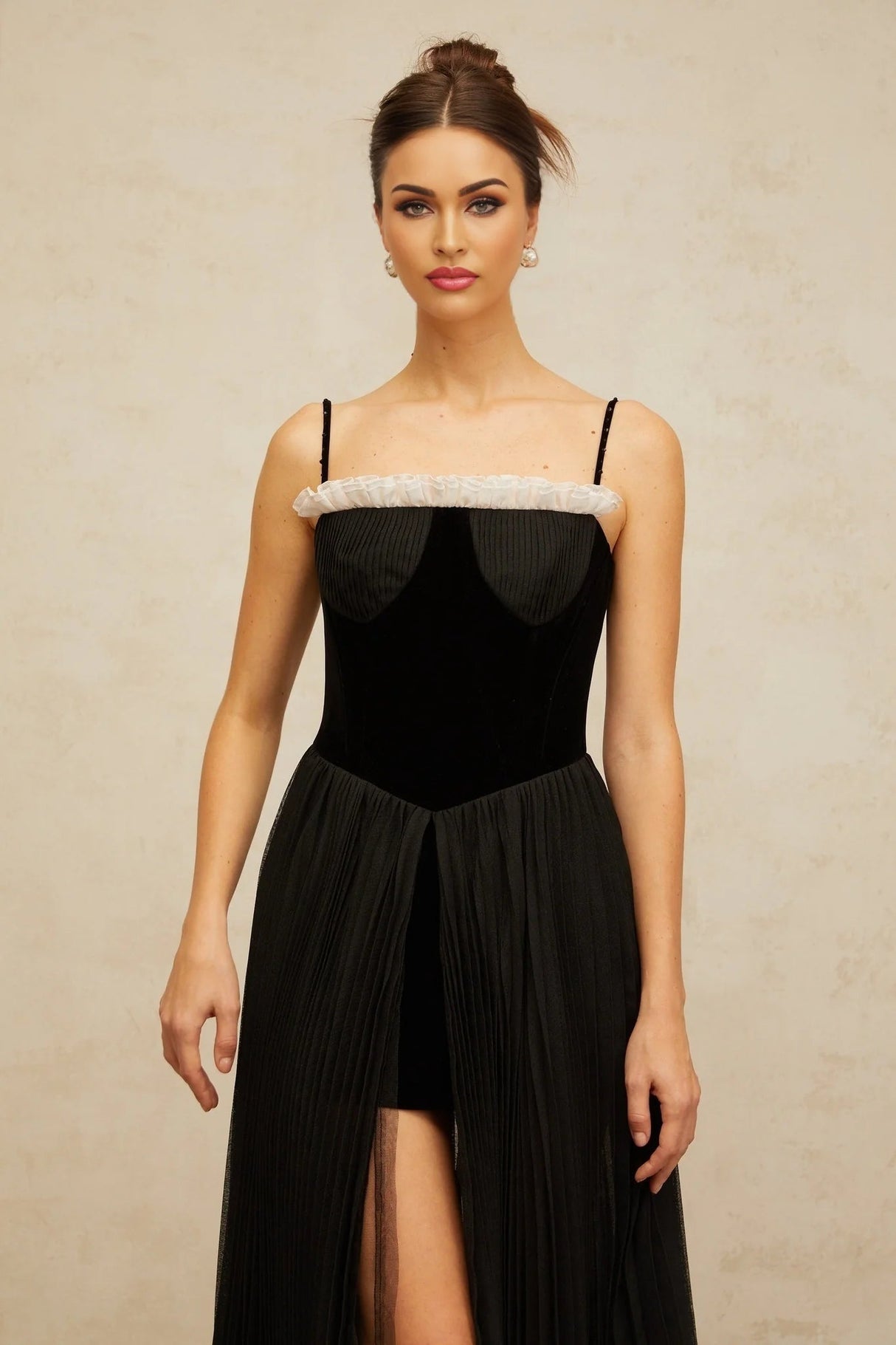 Remi Midi Dress Black & White Velvet Panel Ruffle Slit