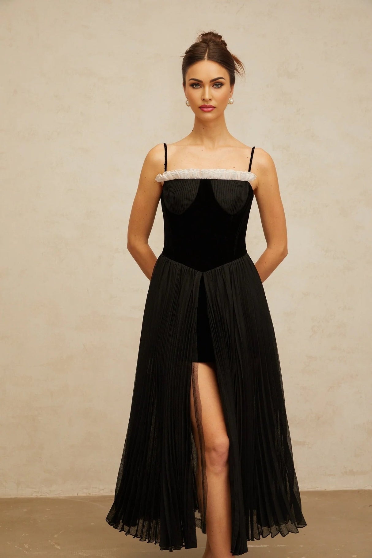 Remi Midi Dress Black & White Velvet Panel Ruffle Slit