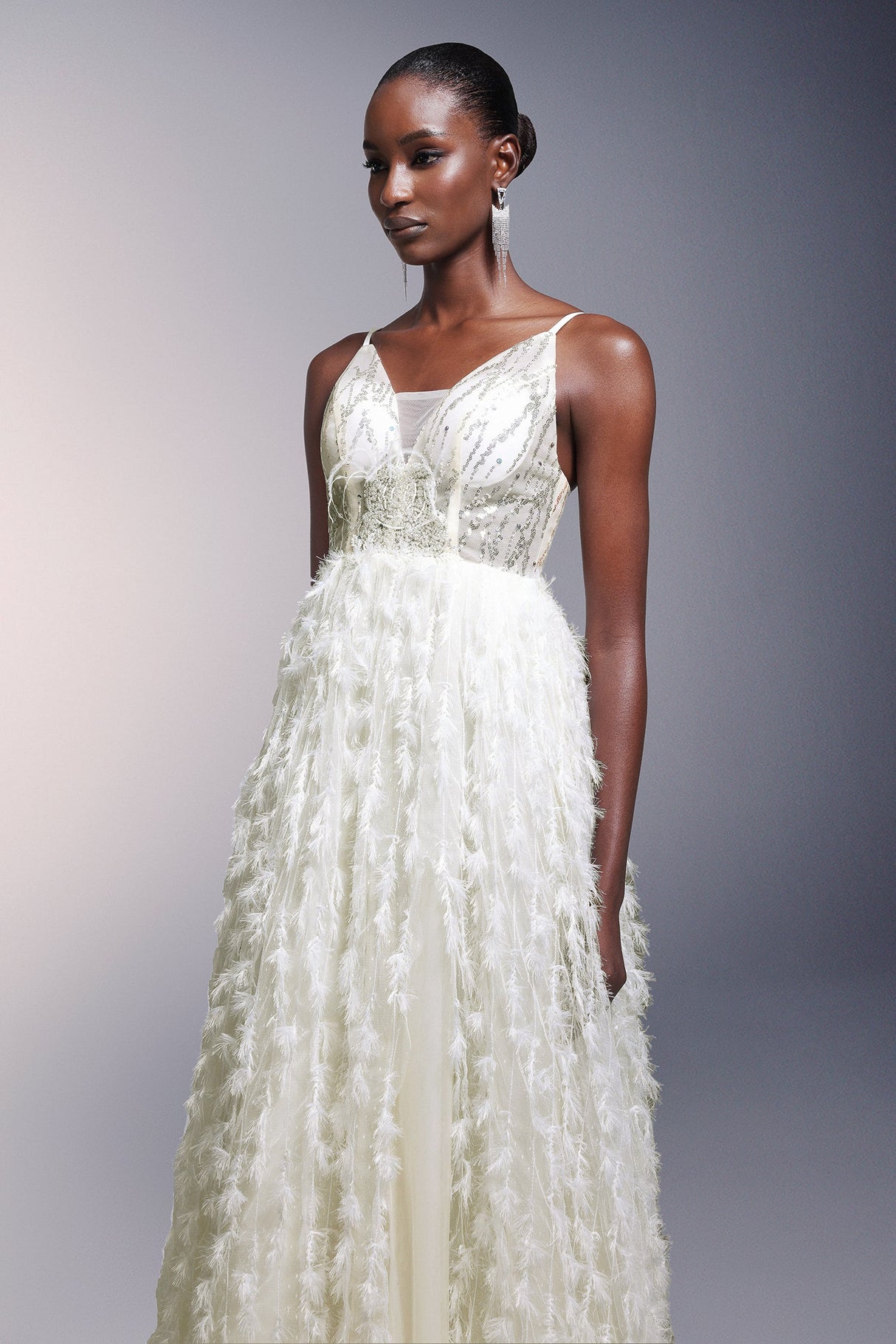 Remi White Sequin Feather Maxi Dress