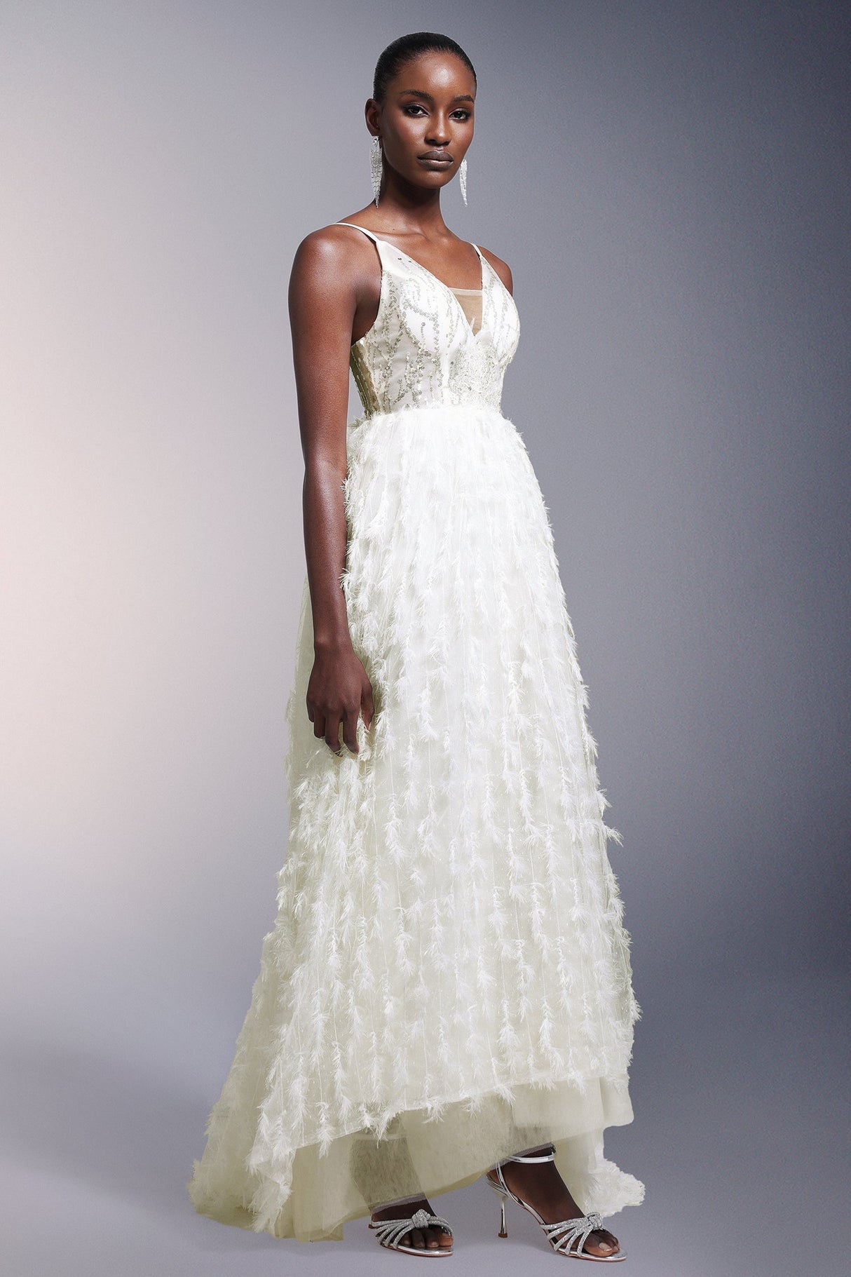 Remi White Sequin Feather Maxi Dress
