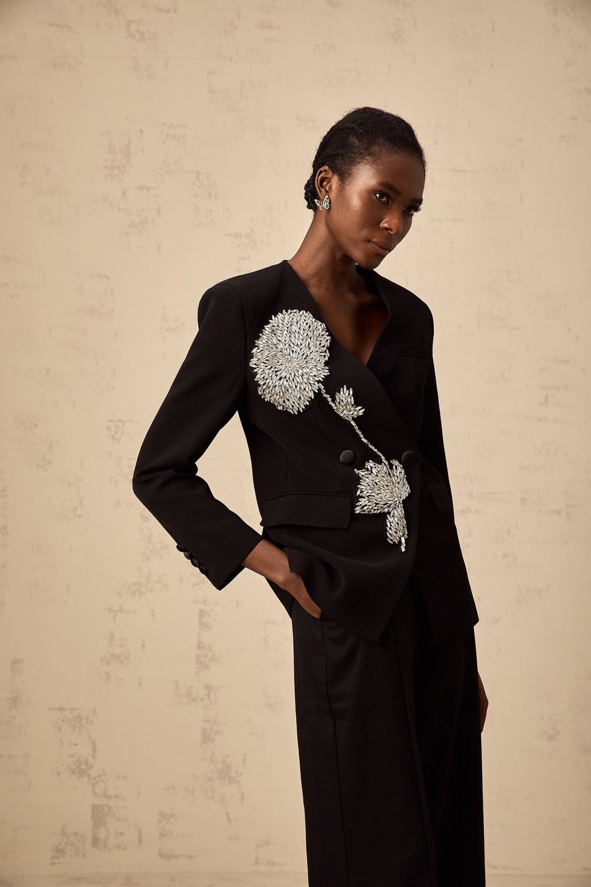 Renata Blazer Renata Floral Crystal Embellished Black Double Breasted