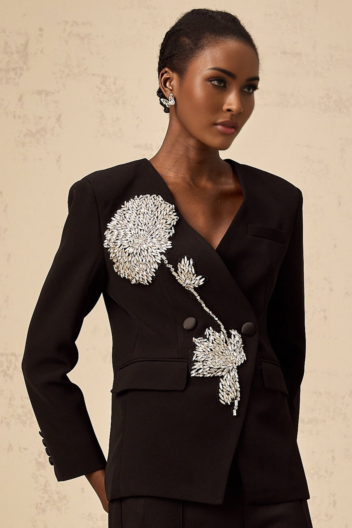 Renata Blazer Renata Floral Crystal Embellished Black Double Breasted