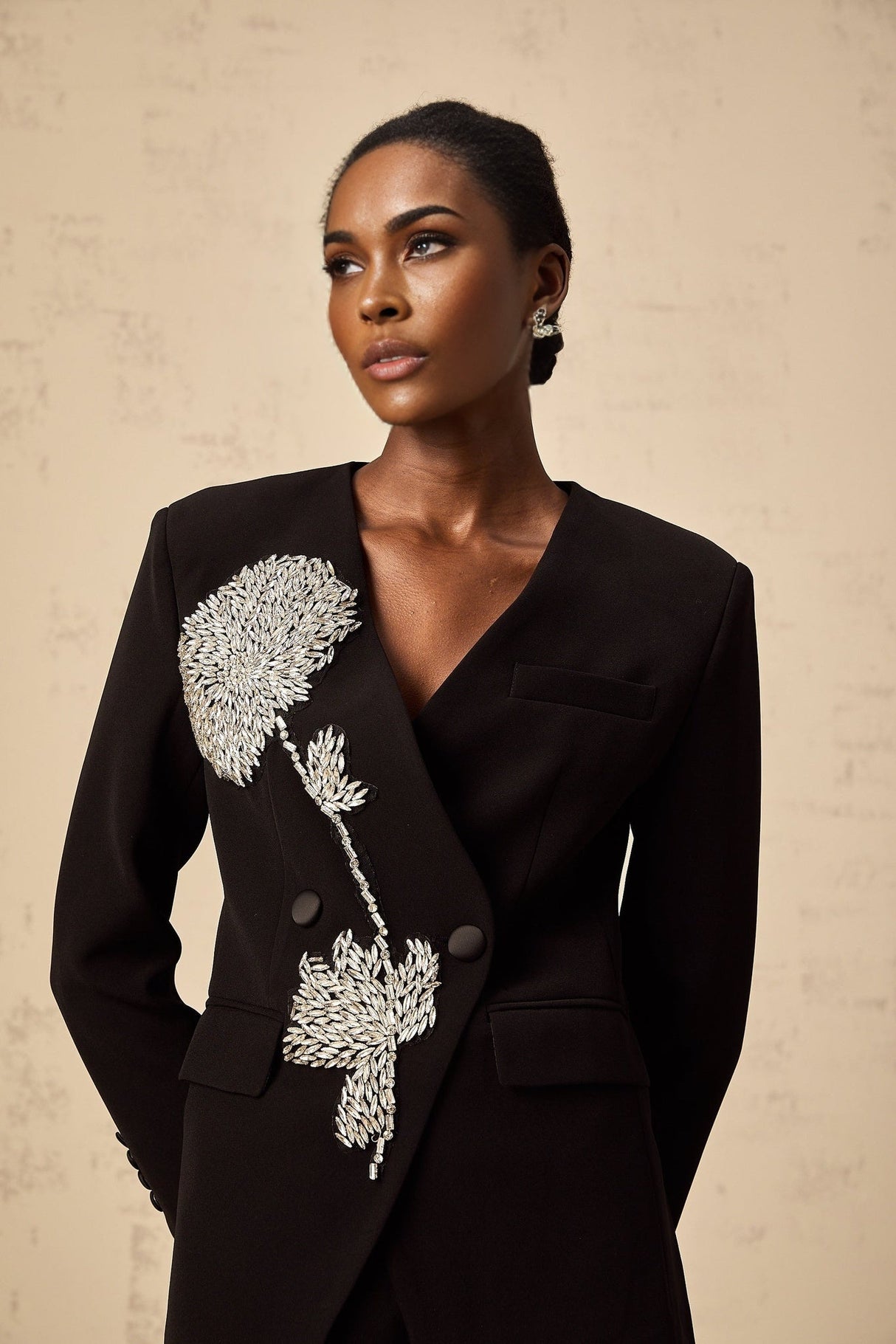 Renata Blazer Renata Floral Crystal Embellished Black Double Breasted