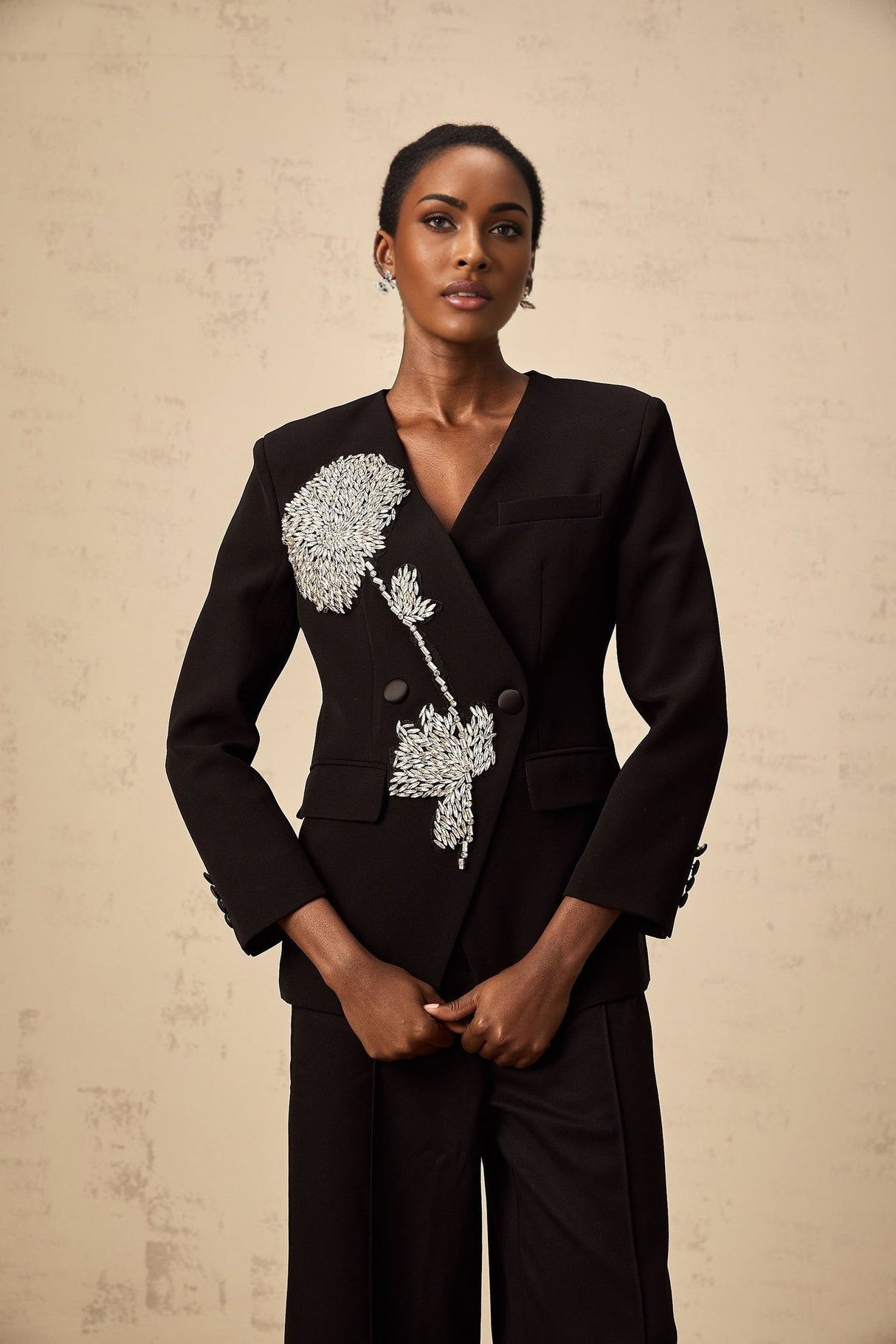 Renata Blazer Renata Floral Crystal Embellished Black Double Breasted