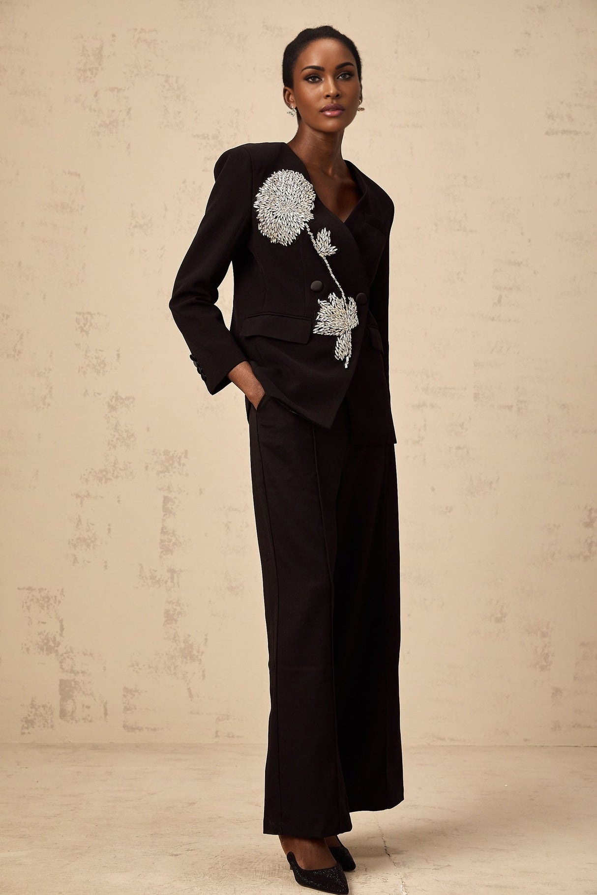 Renata Blazer Renata Floral Crystal Embellished Black Double Breasted