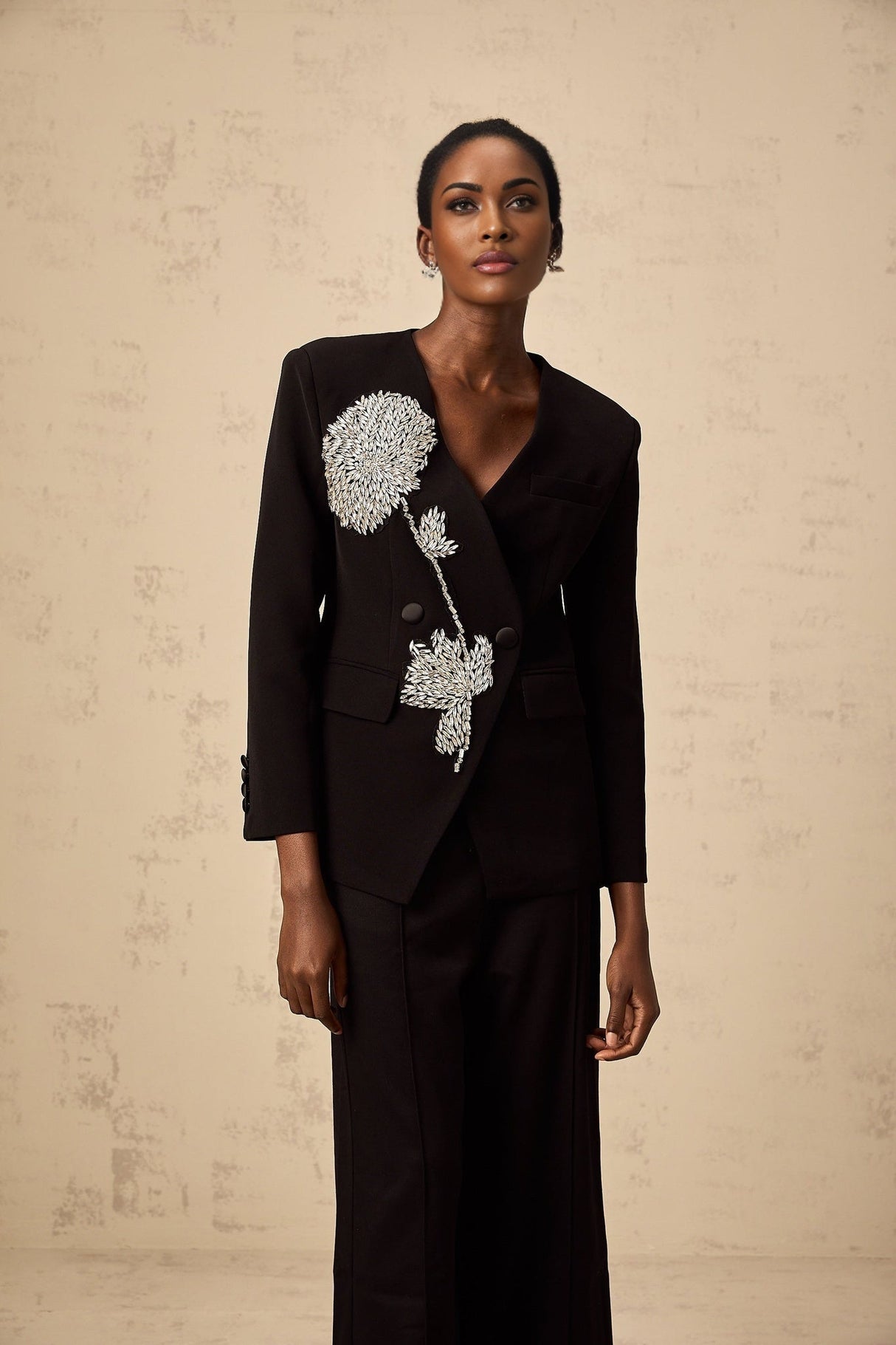 Renata Blazer Renata Floral Crystal Embellished Black Double Breasted