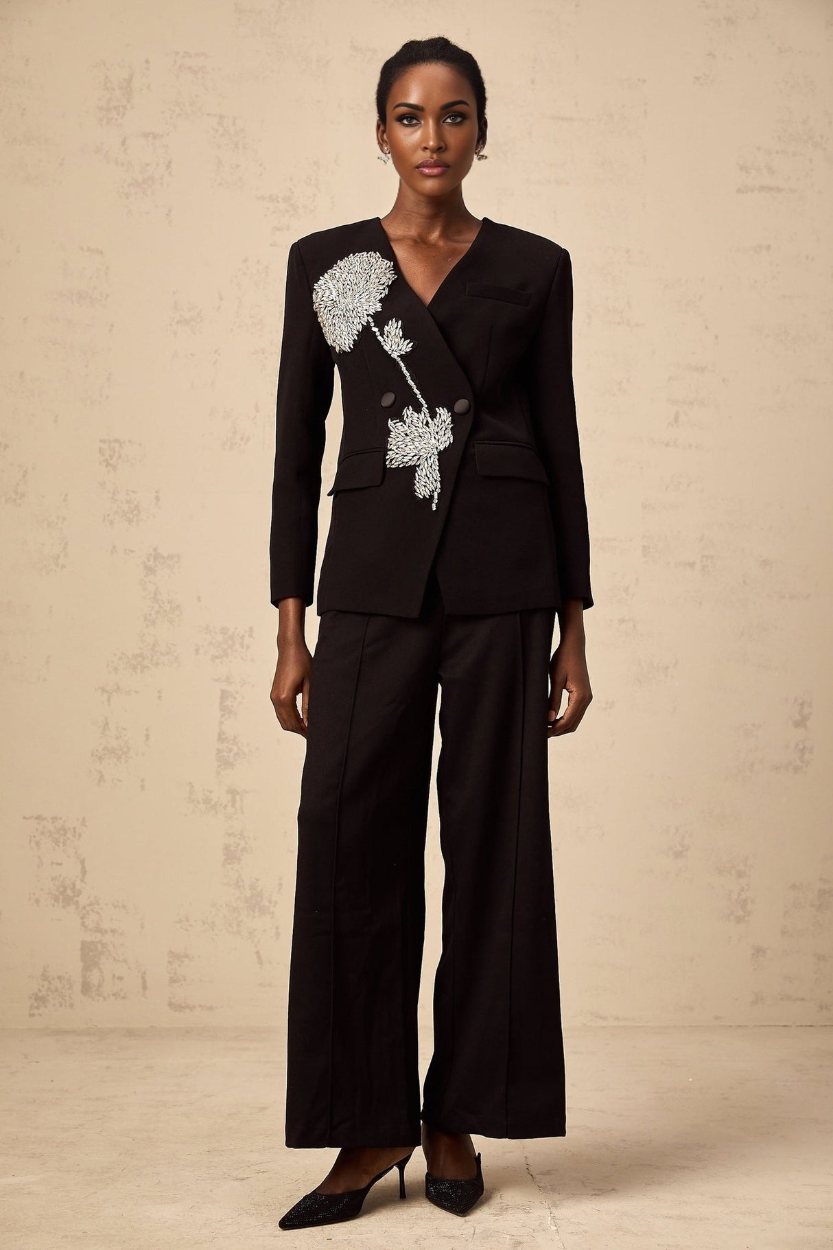 Renata Blazer Renata Floral Crystal Embellished Black Double Breasted