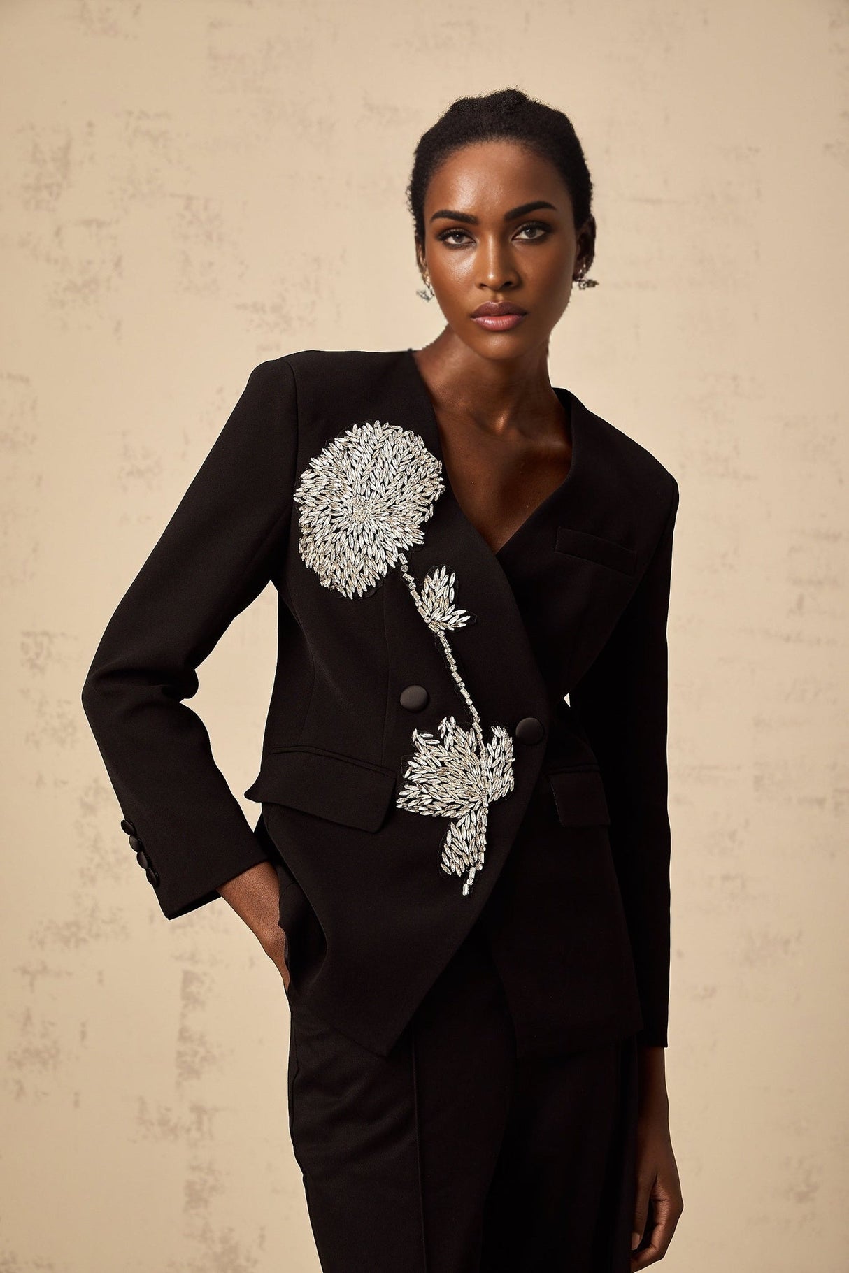 Renata Blazer Renata Floral Crystal Embellished Black Double Breasted