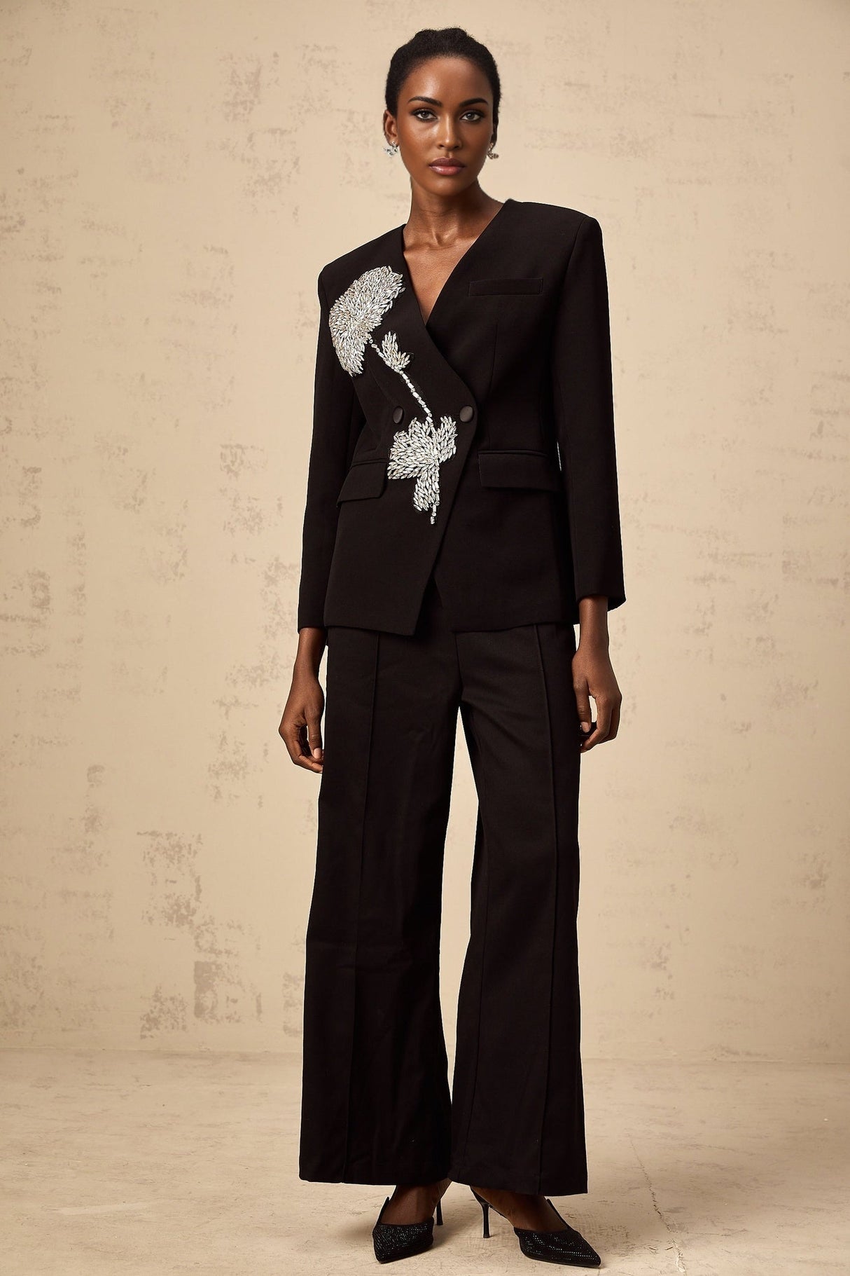 Renata Blazer Renata Floral Crystal Embellished Black Double Breasted