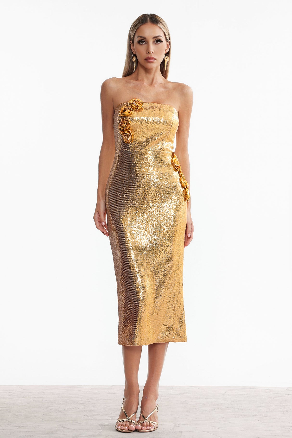 Renata Gold Sequin Floral Embellished Strapless Dress