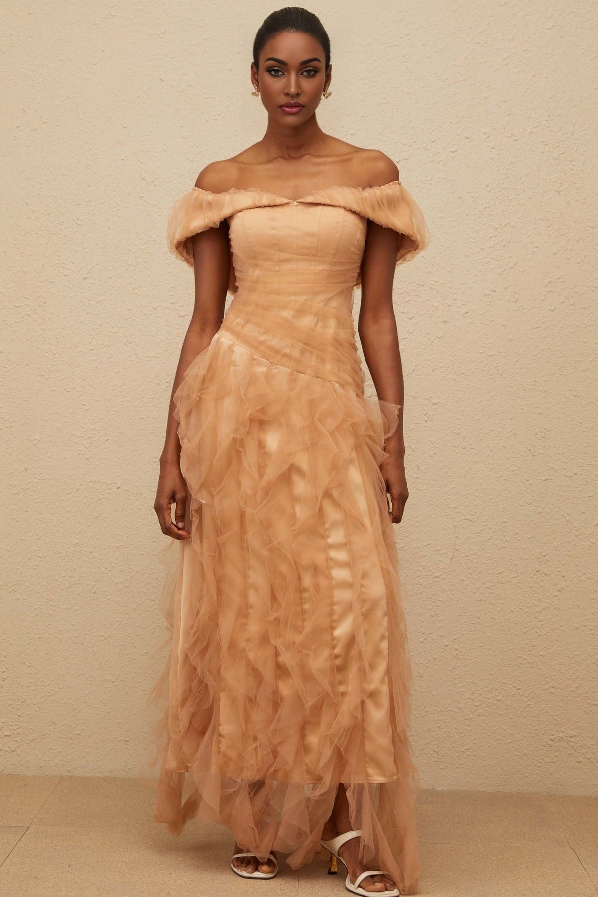 Renata Maxi Dress - Off - Shoulder - Strapless - Boned Bodice - Ruffled Tulle Detail