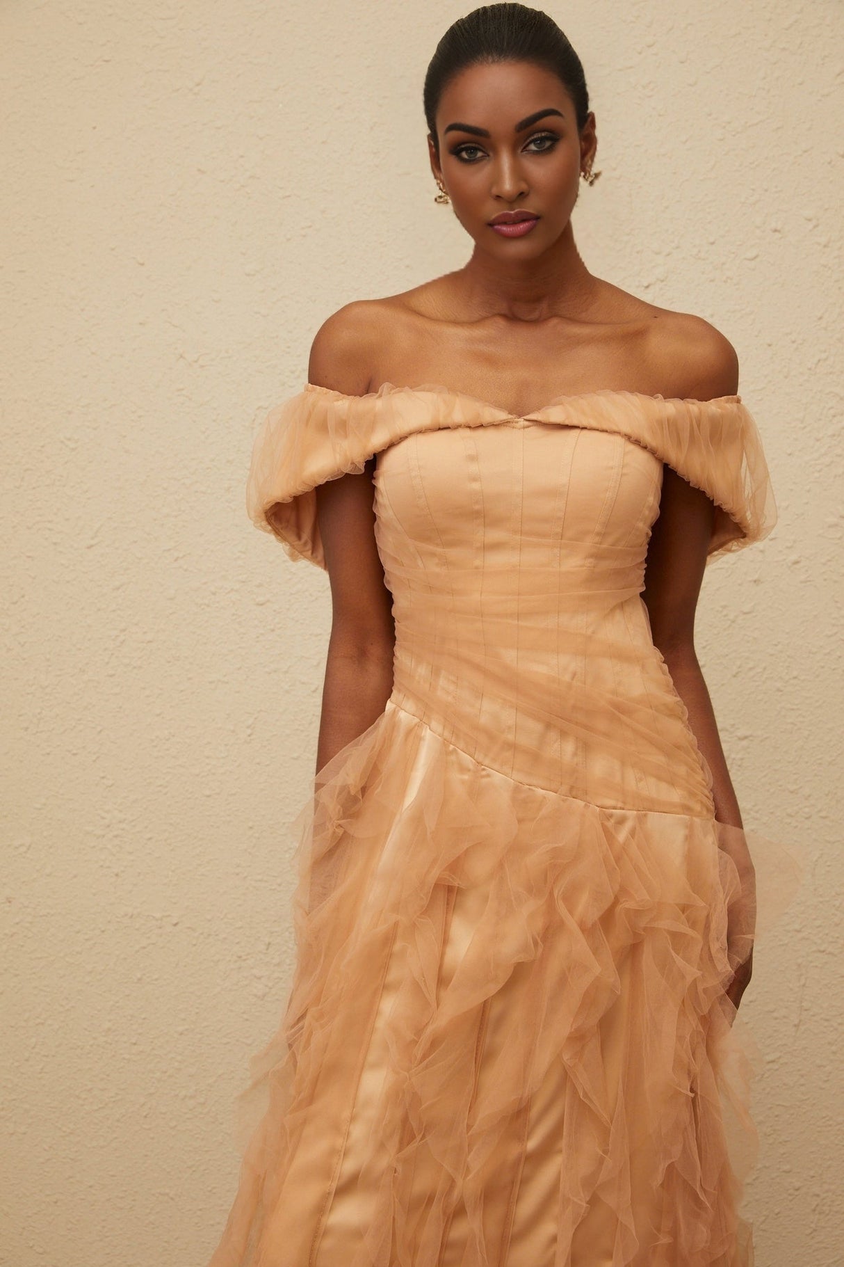 Renata Maxi Dress - Off - Shoulder - Strapless - Boned Bodice - Ruffled Tulle Detail