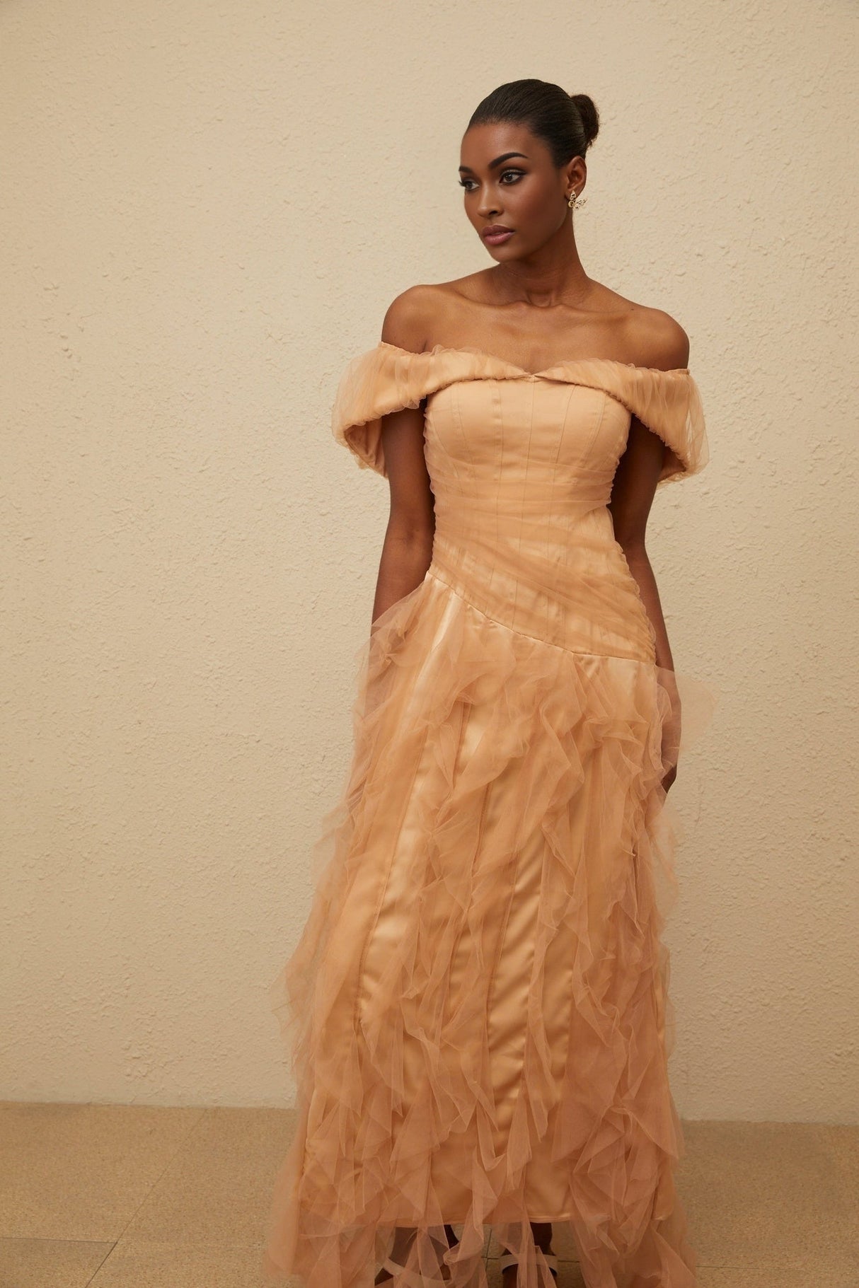 Renata Maxi Dress - Off - Shoulder - Strapless - Boned Bodice - Ruffled Tulle Detail