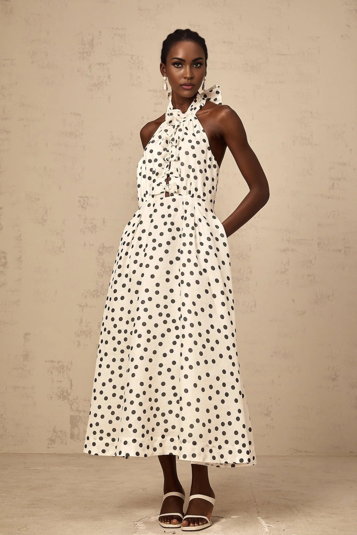 Renata Midi Dress White & Black Polka - Dot Bow Cut - Out
