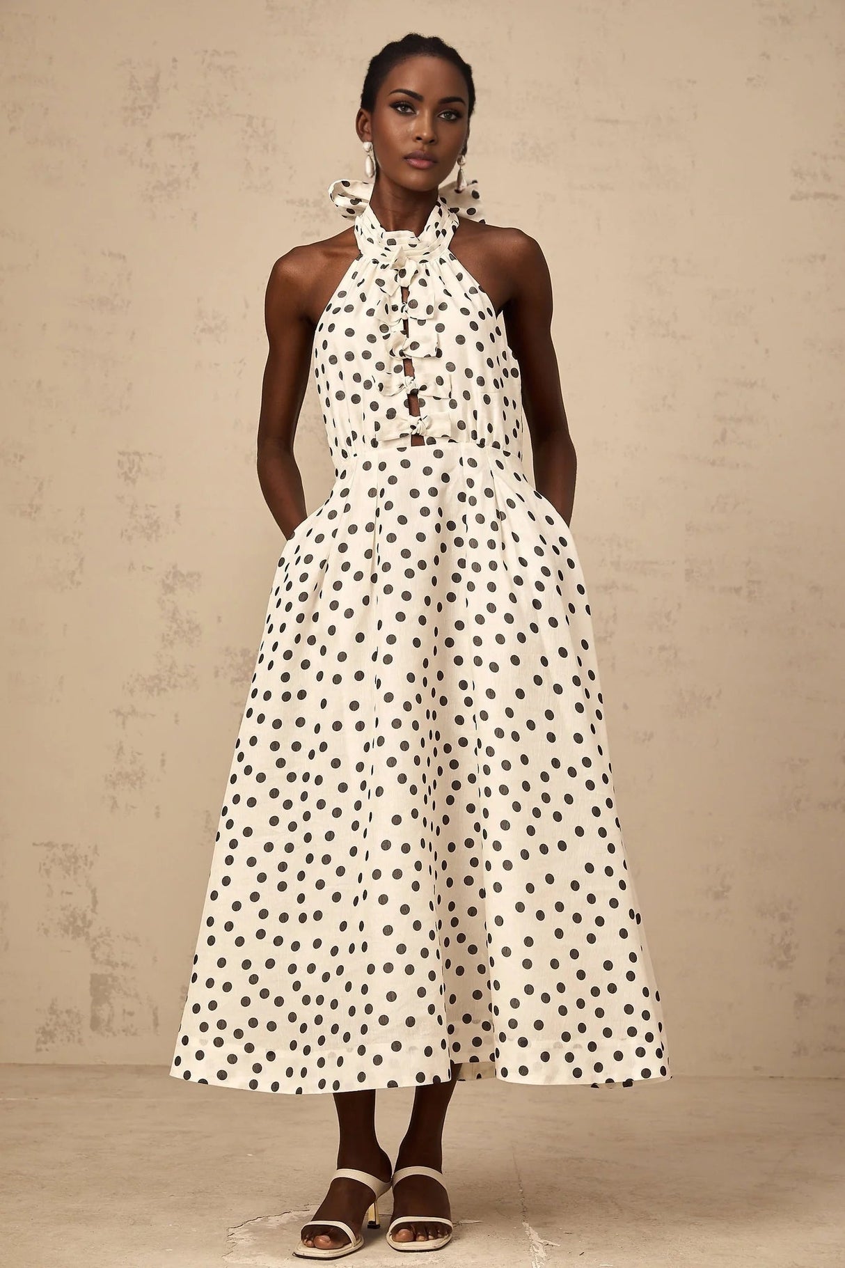 Renata Midi Dress White & Black Polka - Dot Bow Cut - Out