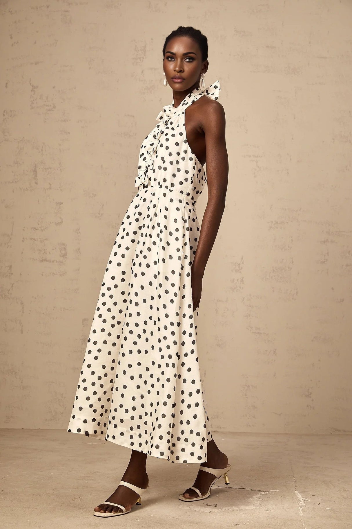 Renata Midi Dress White & Black Polka - Dot Bow Cut - Out