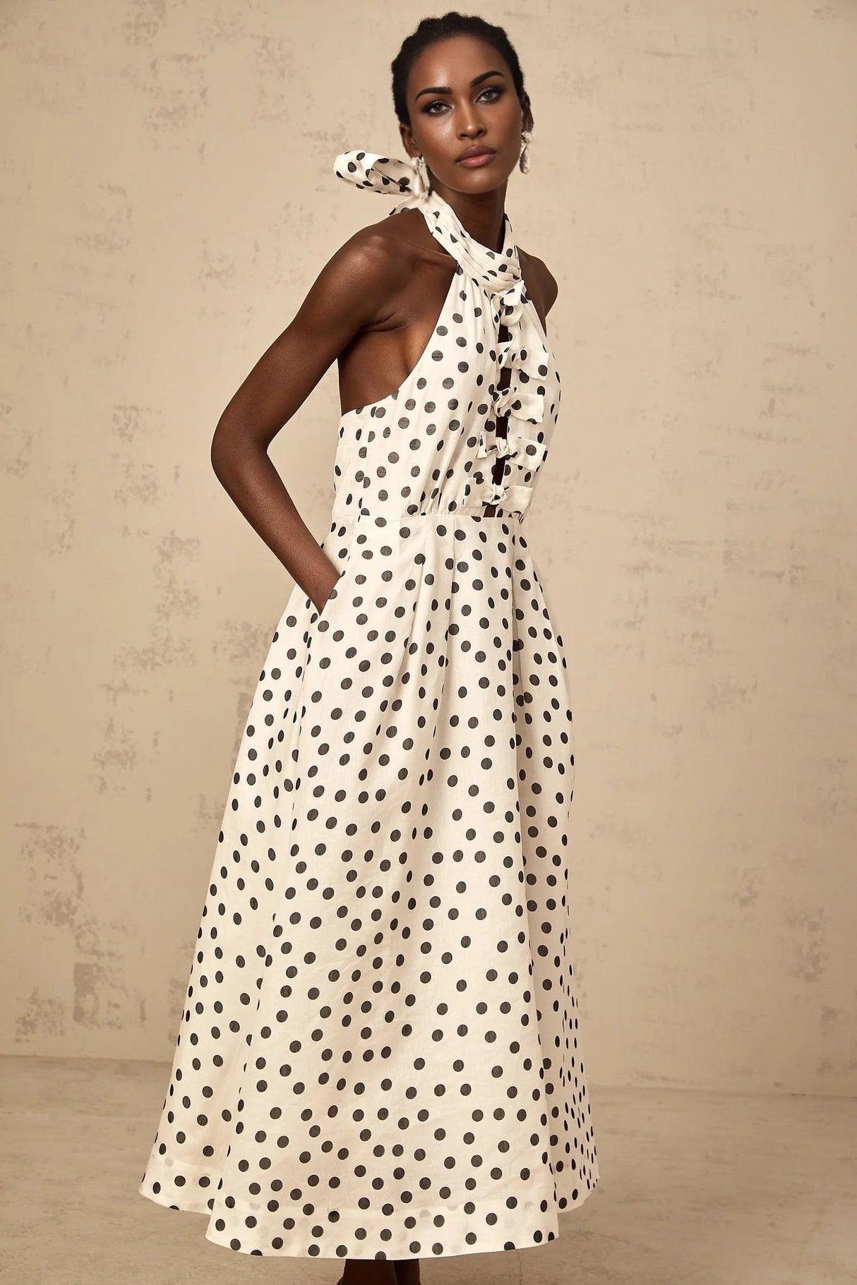 Renata Midi Dress White & Black Polka - Dot Bow Cut - Out