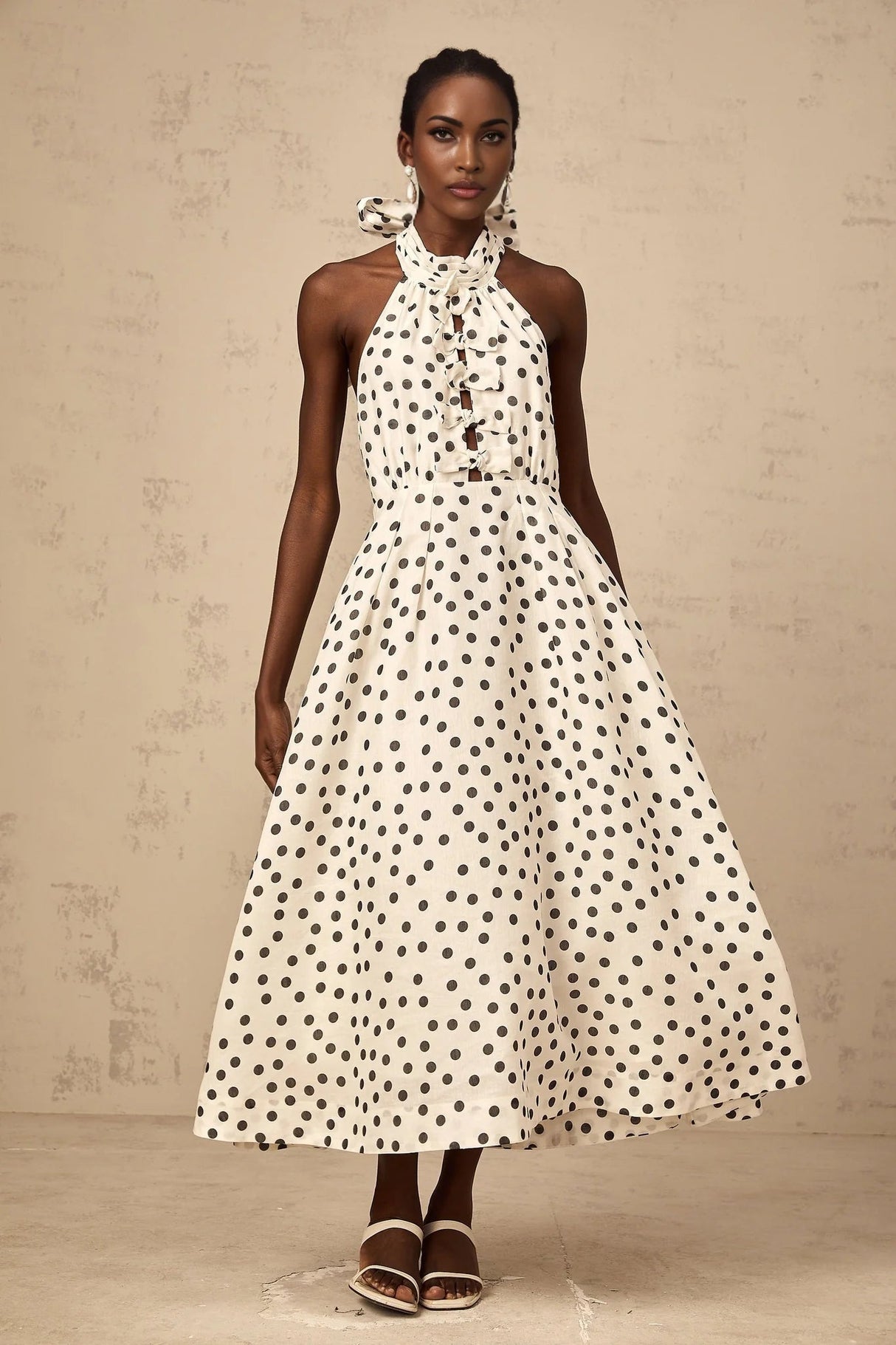 Renata Midi Dress White & Black Polka - Dot Bow Cut - Out