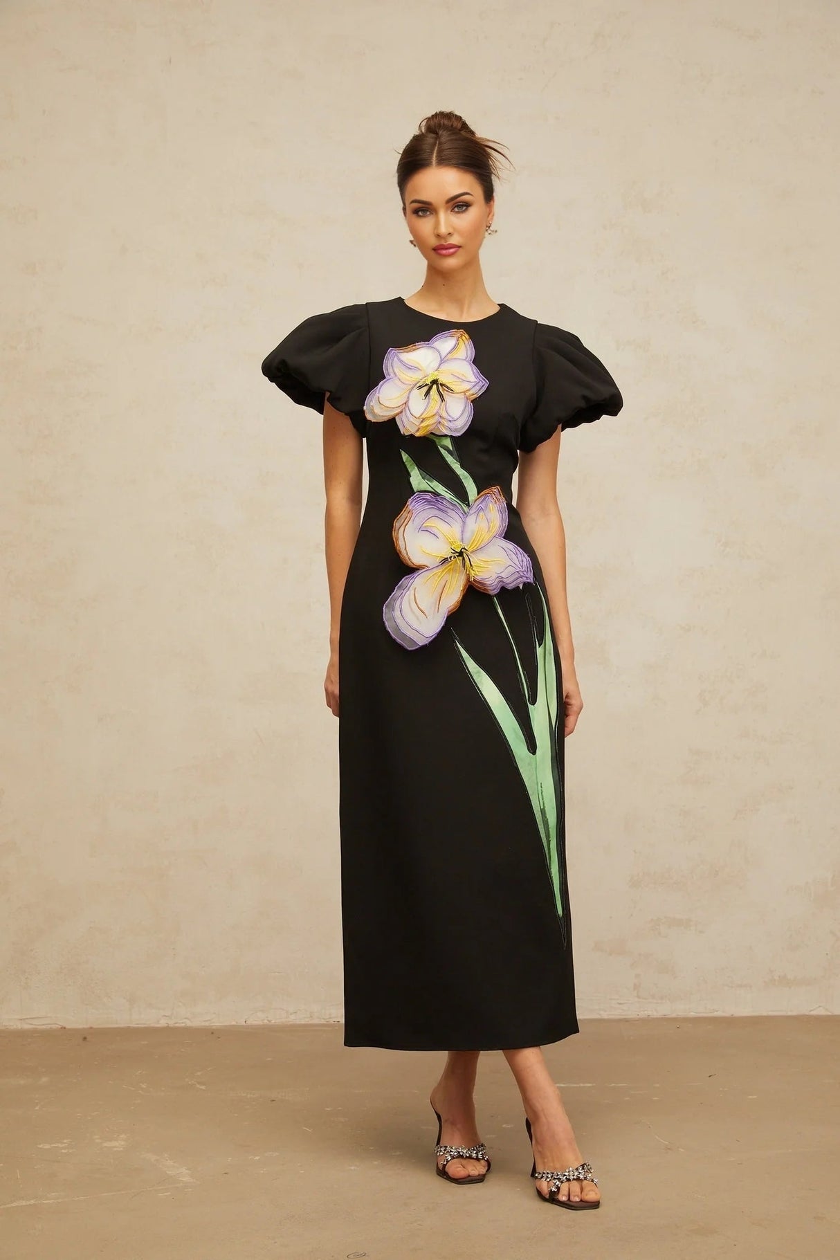 Rhea Midi Dress Black Floral Sequin Embroidery Slit Zip Fastening