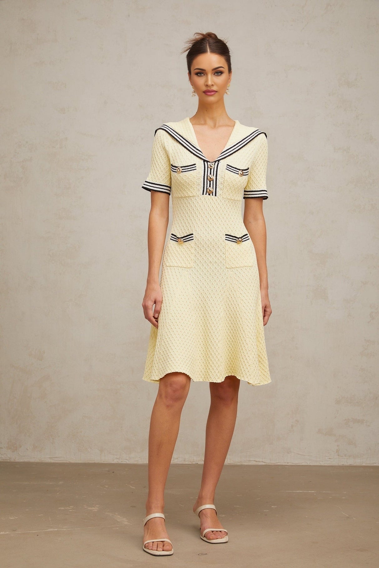 Riccarda Knitted Dress Yellow Sailor Collar Style