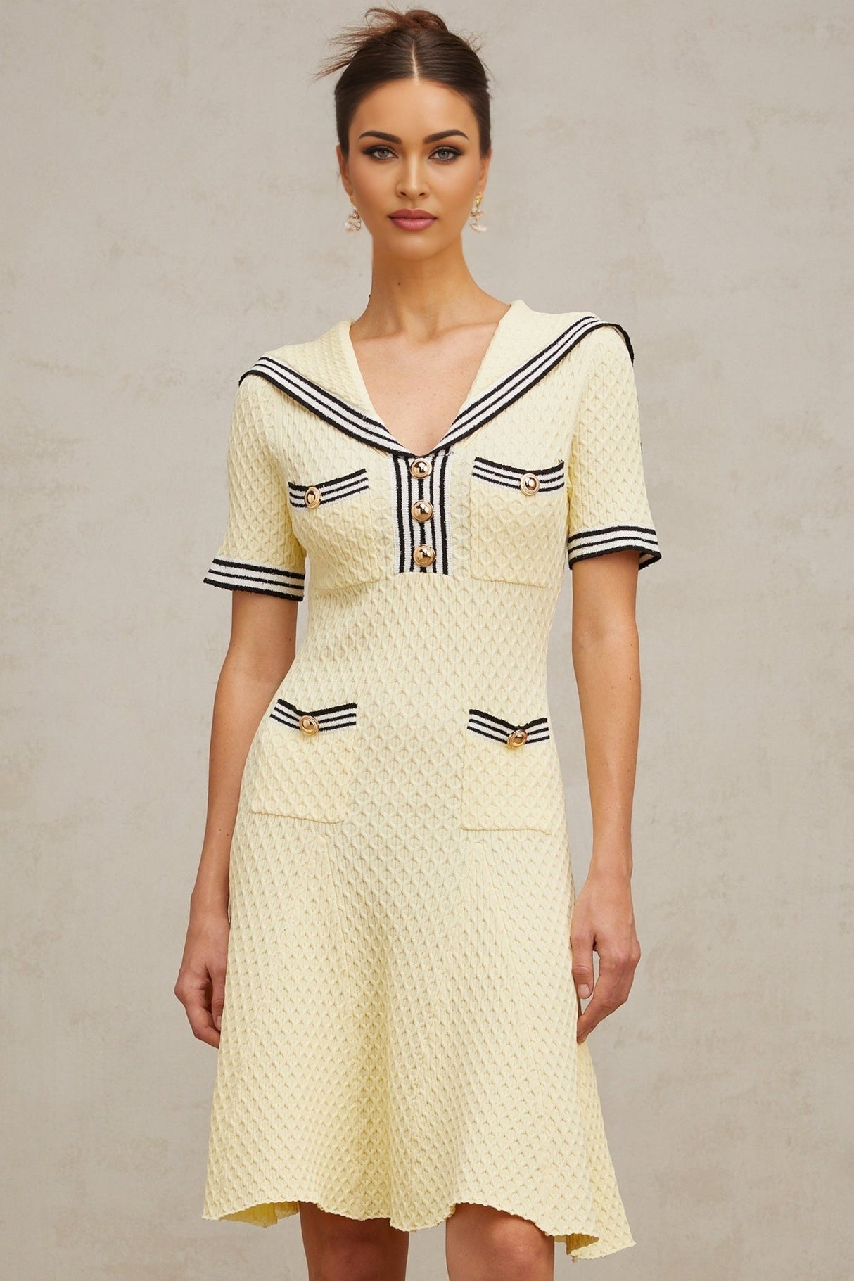 Riccarda Knitted Dress Yellow Sailor Collar Style