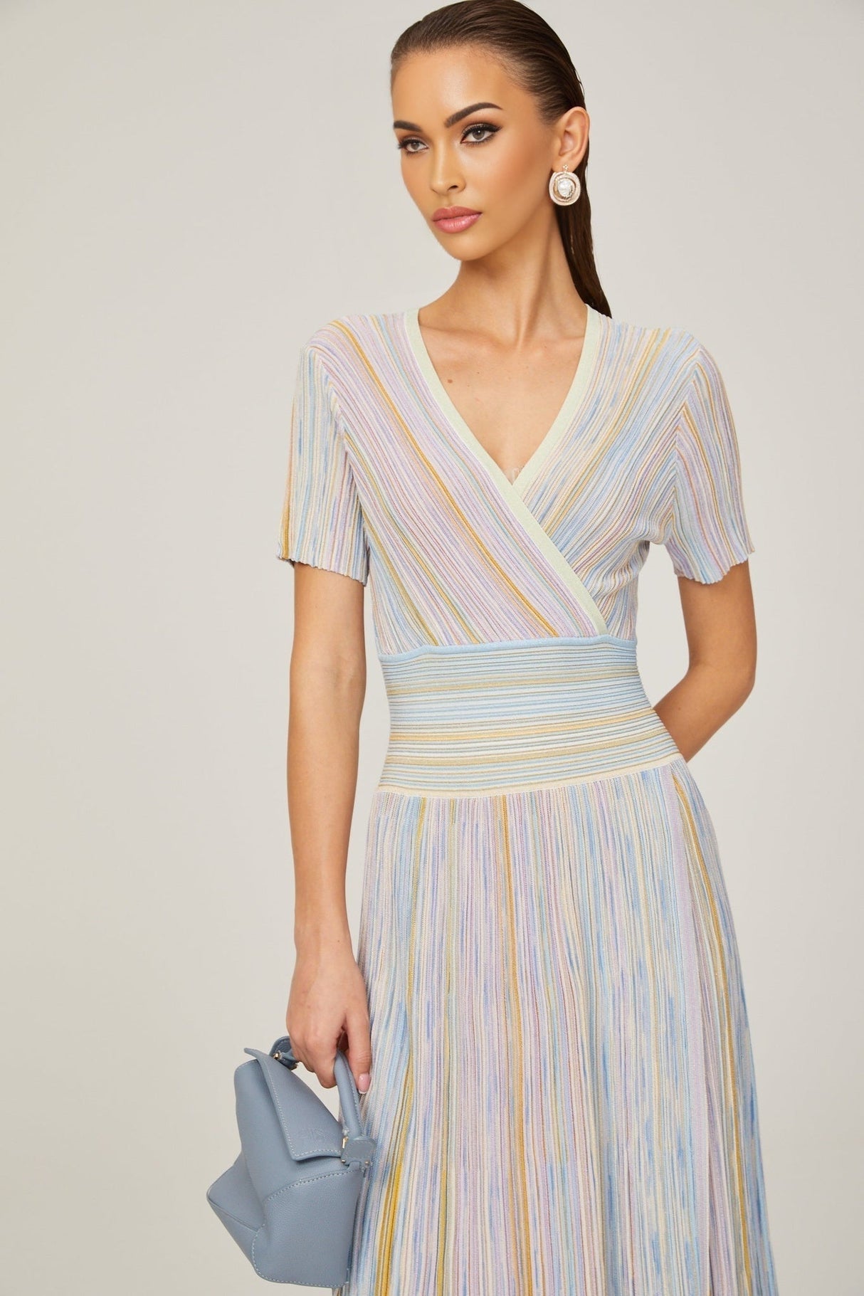 Riccarda Midi Dress Blue Metallic Pinstripe Flared Skirt