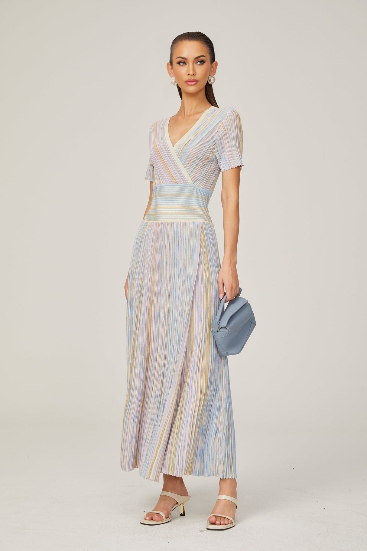 Riccarda Midi Dress Blue Metallic Pinstripe Flared Skirt