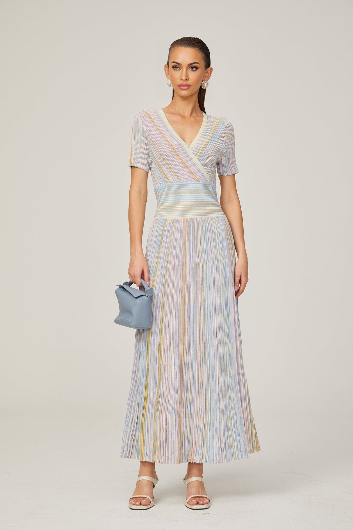 Riccarda Midi Dress Blue Metallic Pinstripe Flared Skirt