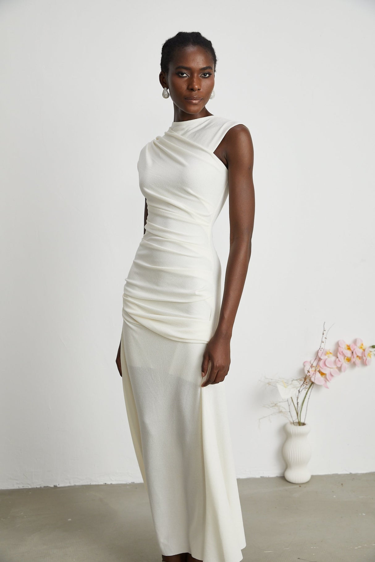 Riccarda Midi Dress White Draped Asymmetric Hem Ruched Detailing