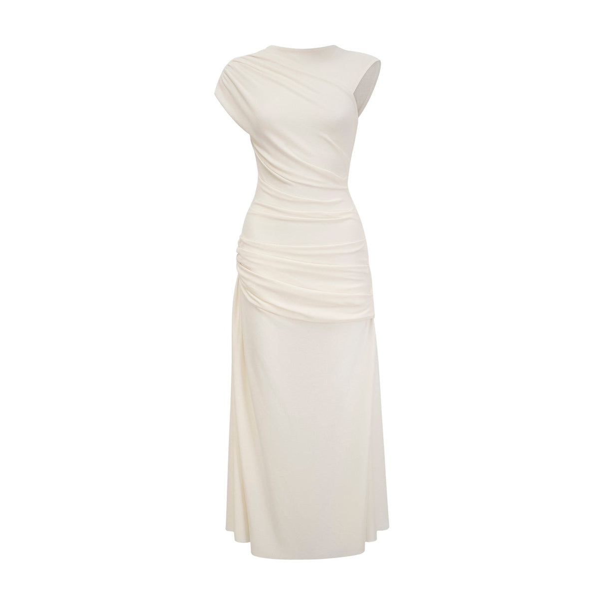Riccarda Midi Dress White Draped Asymmetric Hem Ruched Detailing