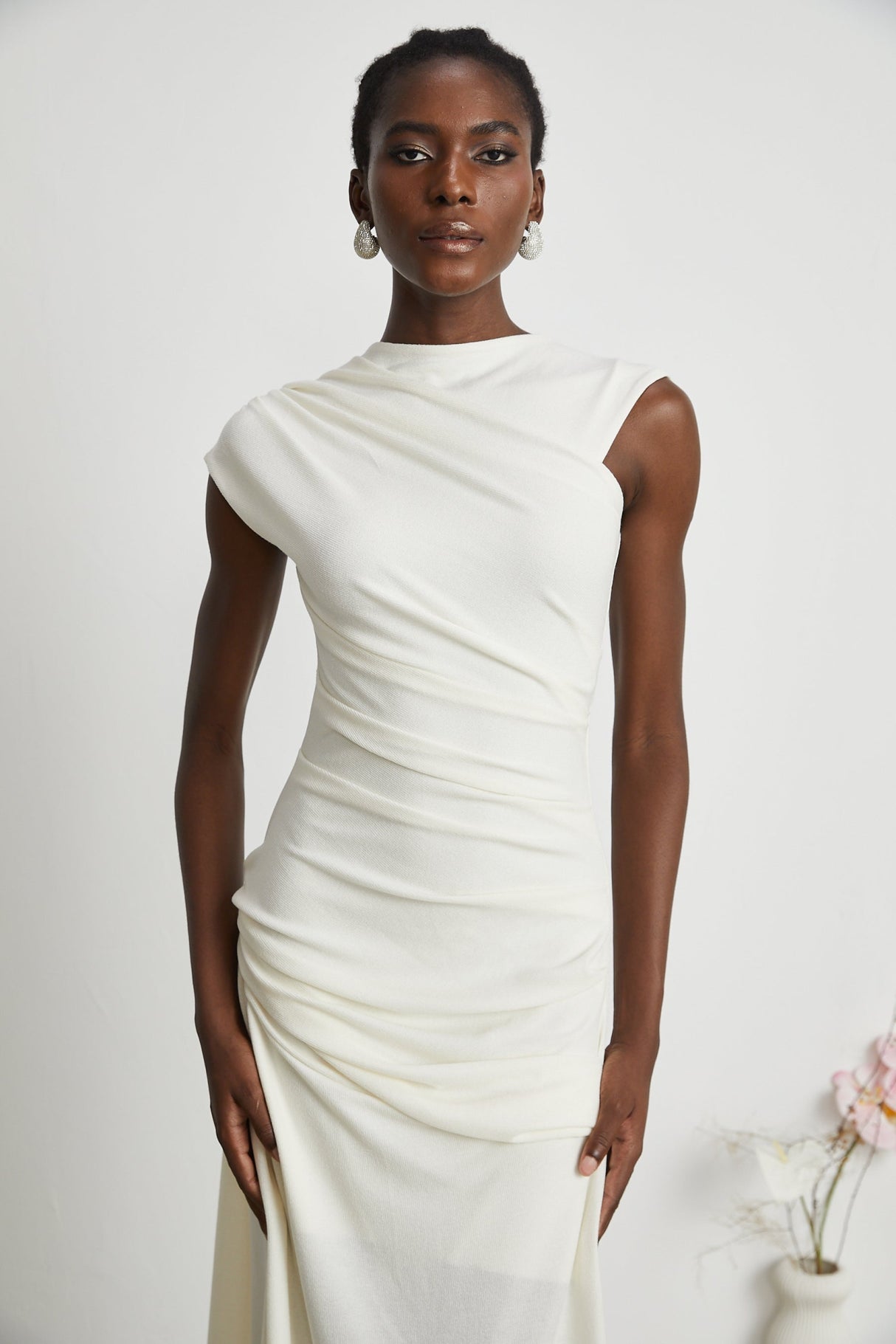 Riccarda Midi Dress White Draped Asymmetric Hem Ruched Detailing