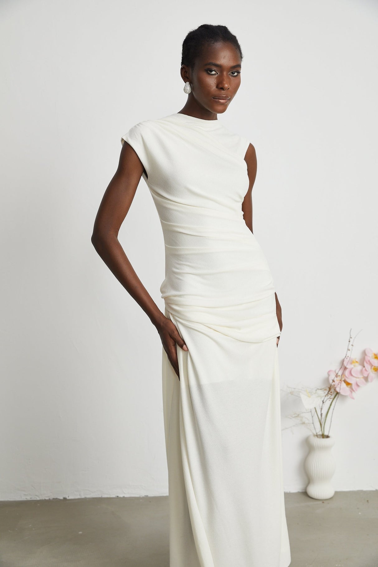 Riccarda Midi Dress White Draped Asymmetric Hem Ruched Detailing