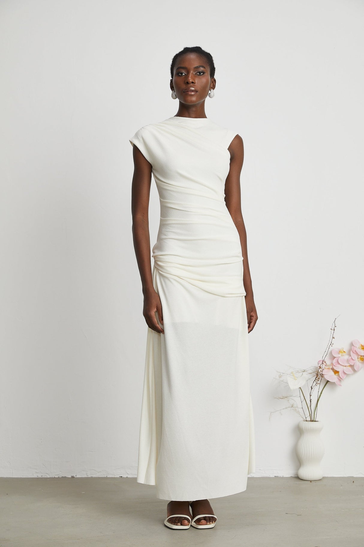 Riccarda Midi Dress White Draped Asymmetric Hem Ruched Detailing