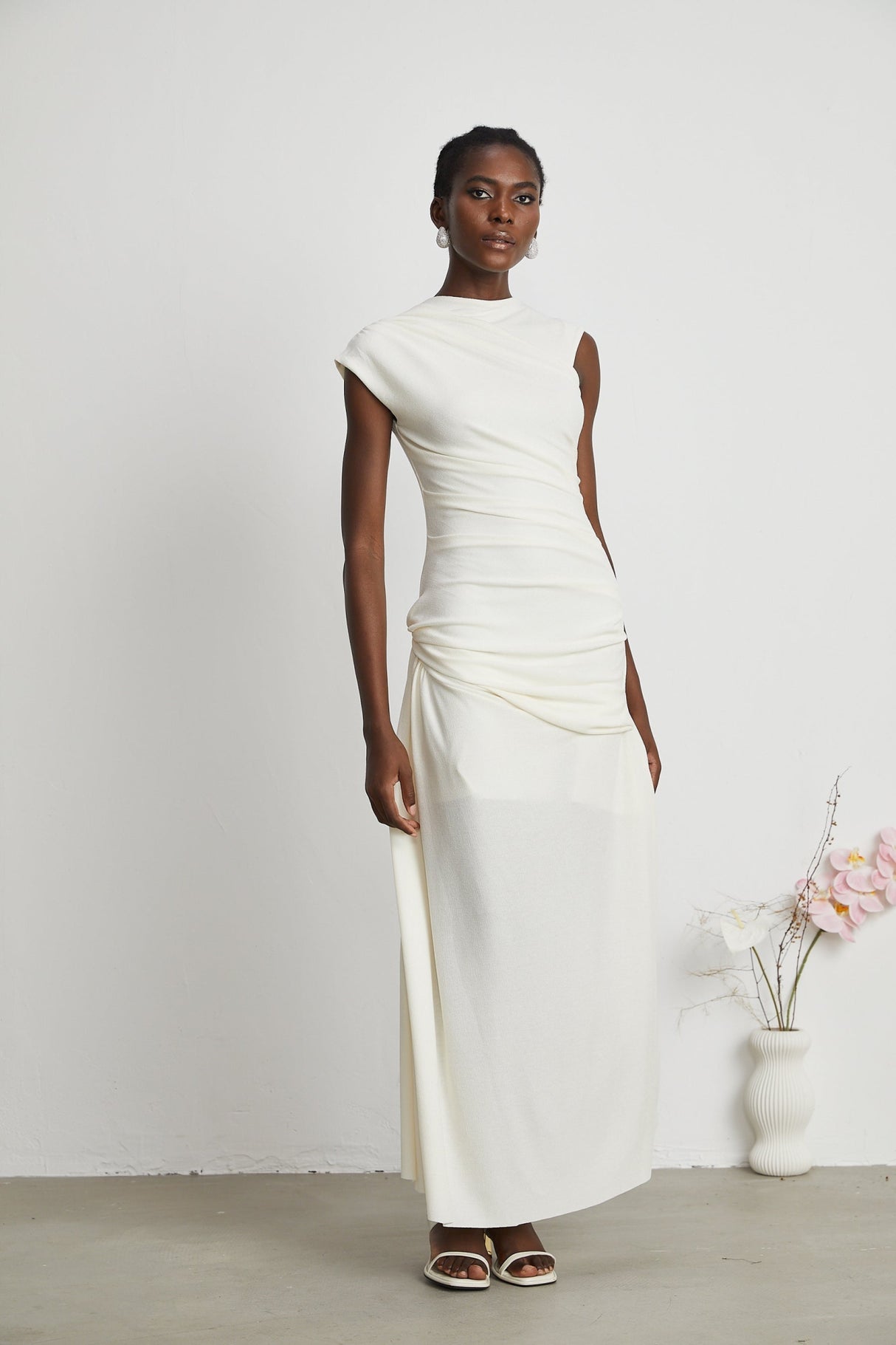 Riccarda Midi Dress White Draped Asymmetric Hem Ruched Detailing